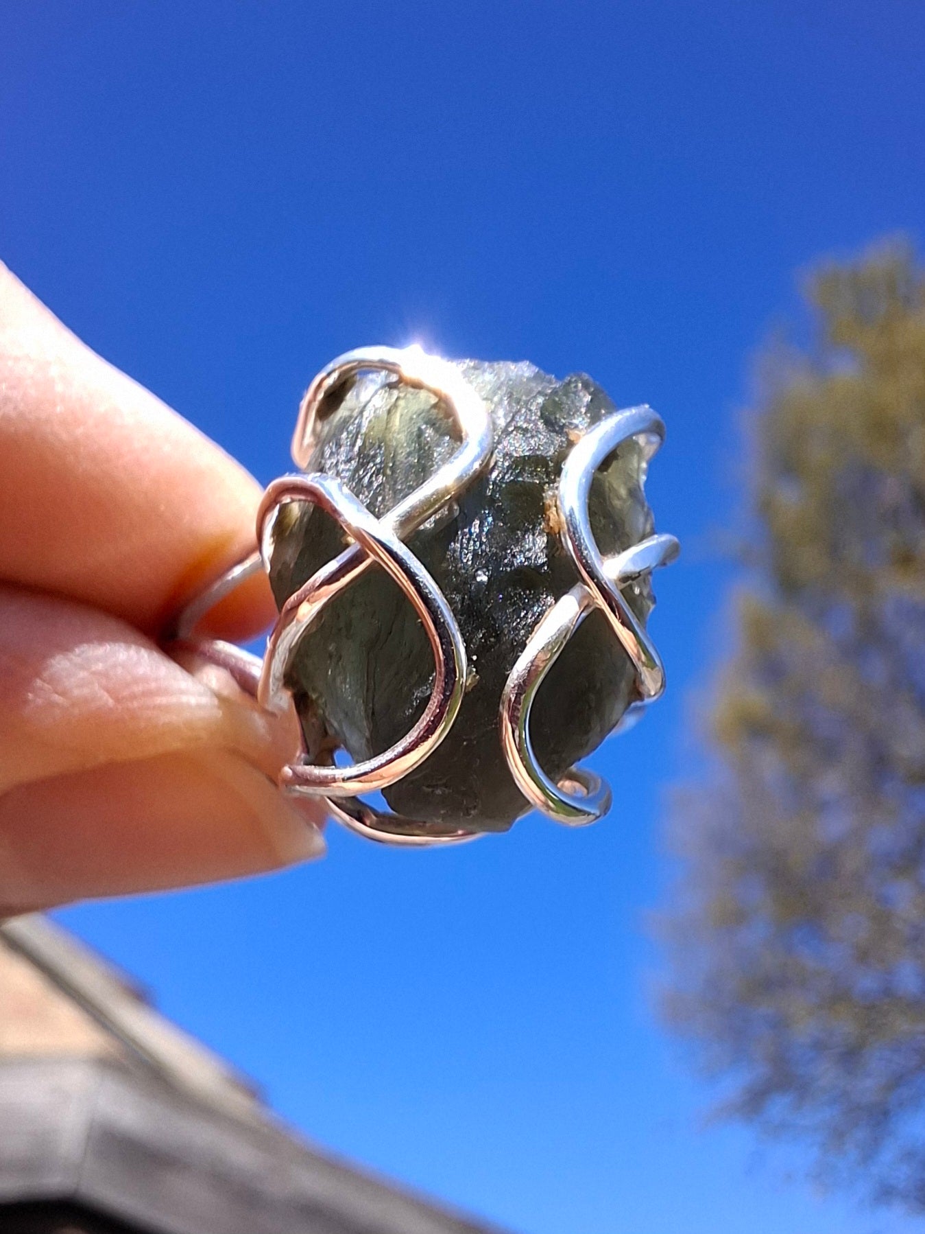 Moldavite Ring, size S, 925 Silver, Tektite (Ref: R12)