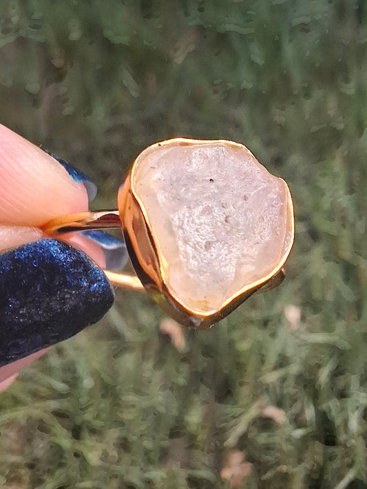 Libyan Desert Glass Ring, 14K GOLD Plated, size large R, Tektite (Ref: LR76)