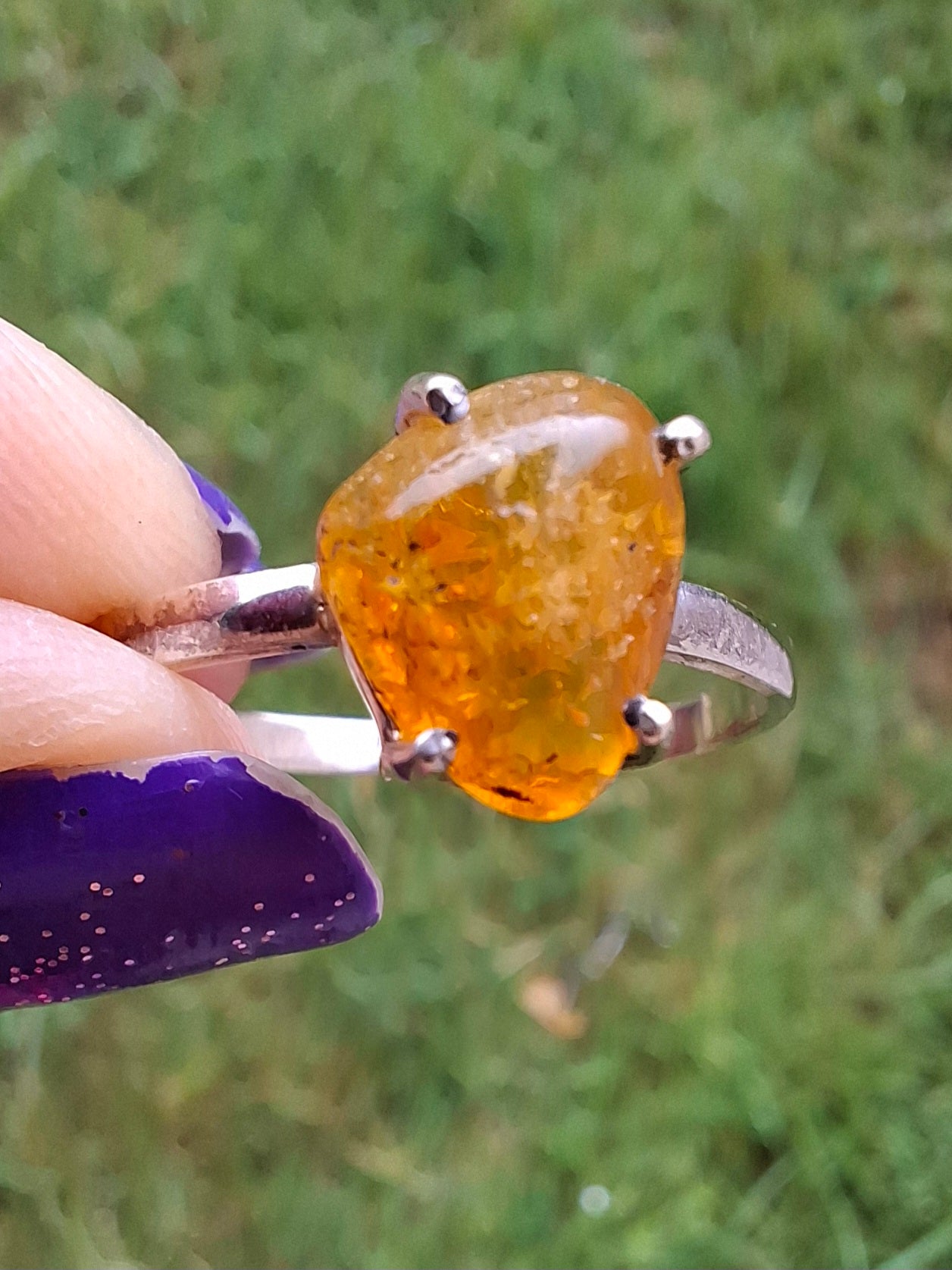 Baltic Amber Ring, size large Y, 925 Silver, Fossil (Ref: AR37)