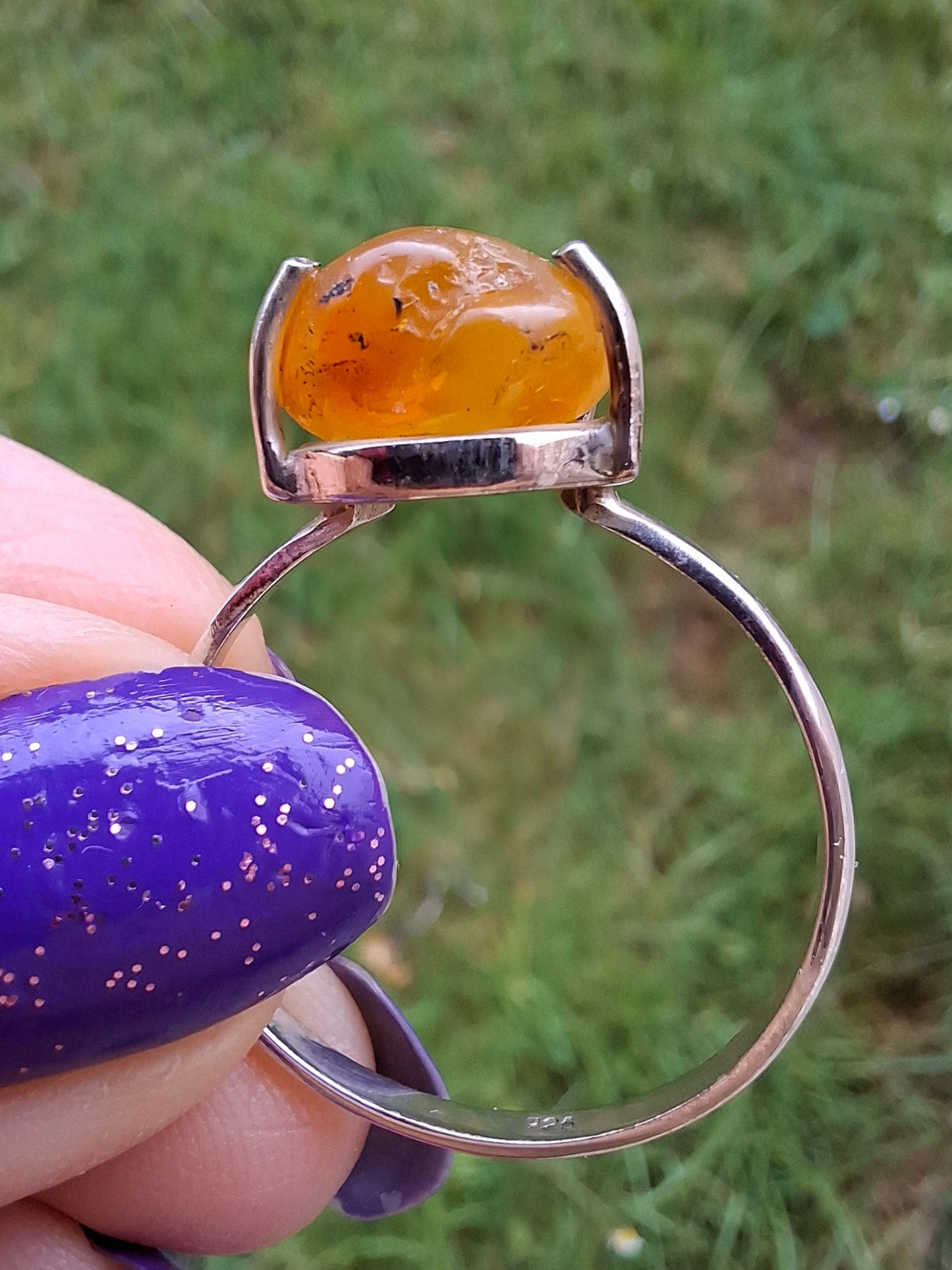Baltic Amber Ring, size large Y, 925 Silver, Fossil (Ref: AR39)