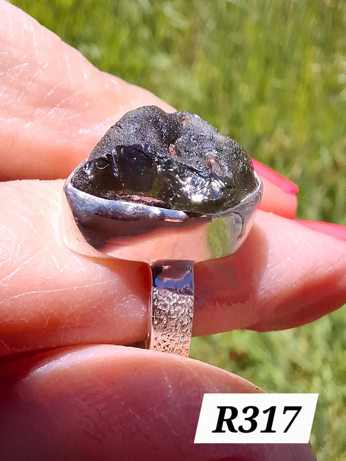 Moldavite Ring, size R, 925 Silver, Tektite (Ref: R317)