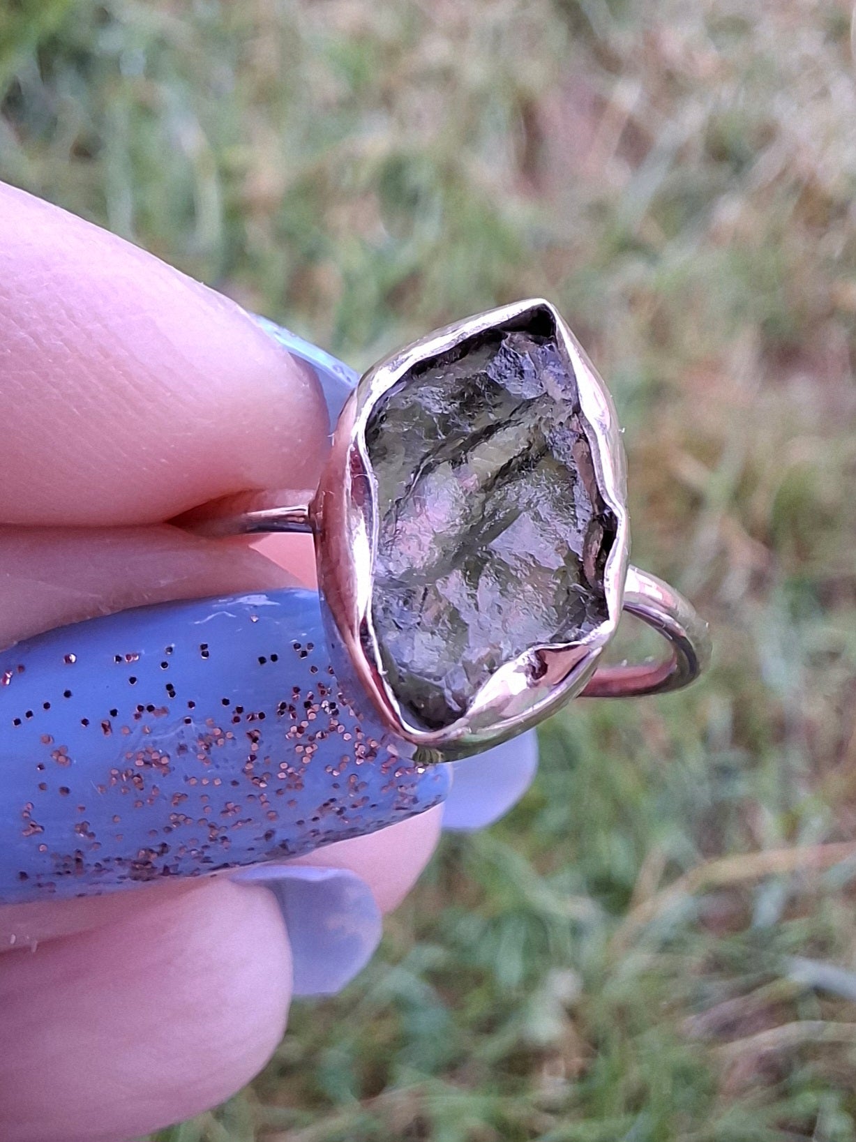 Moldavite Ring, size M, 925 Silver, Tektite (Ref: R22)
