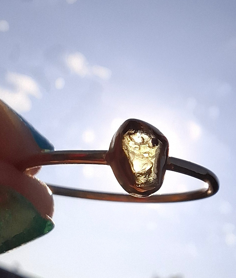 Moldavite Ring, 14K GOLD Plated, size large T, Tektite (Ref: R350)