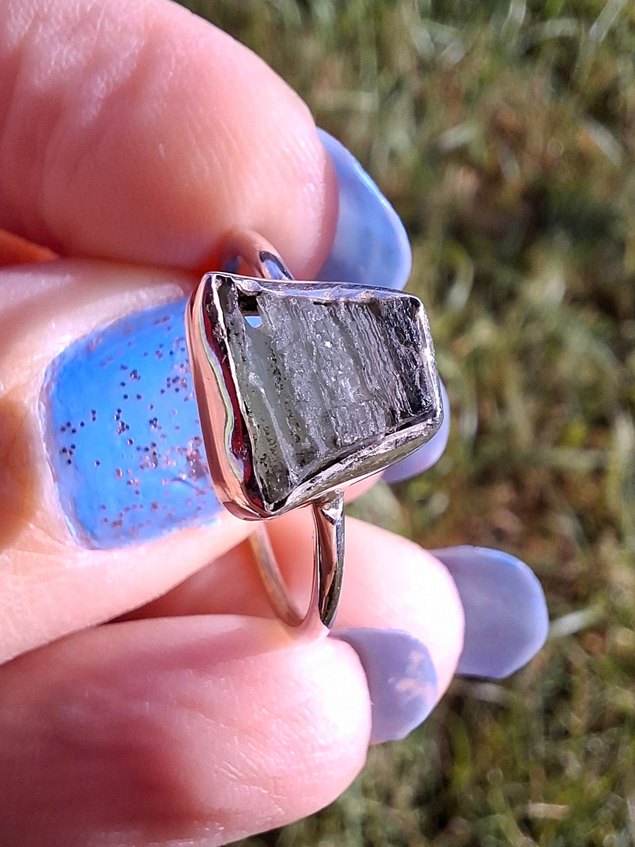 Moldavite Ring, size large P/small Q, 925 Silver, Tektite (Ref: R26)