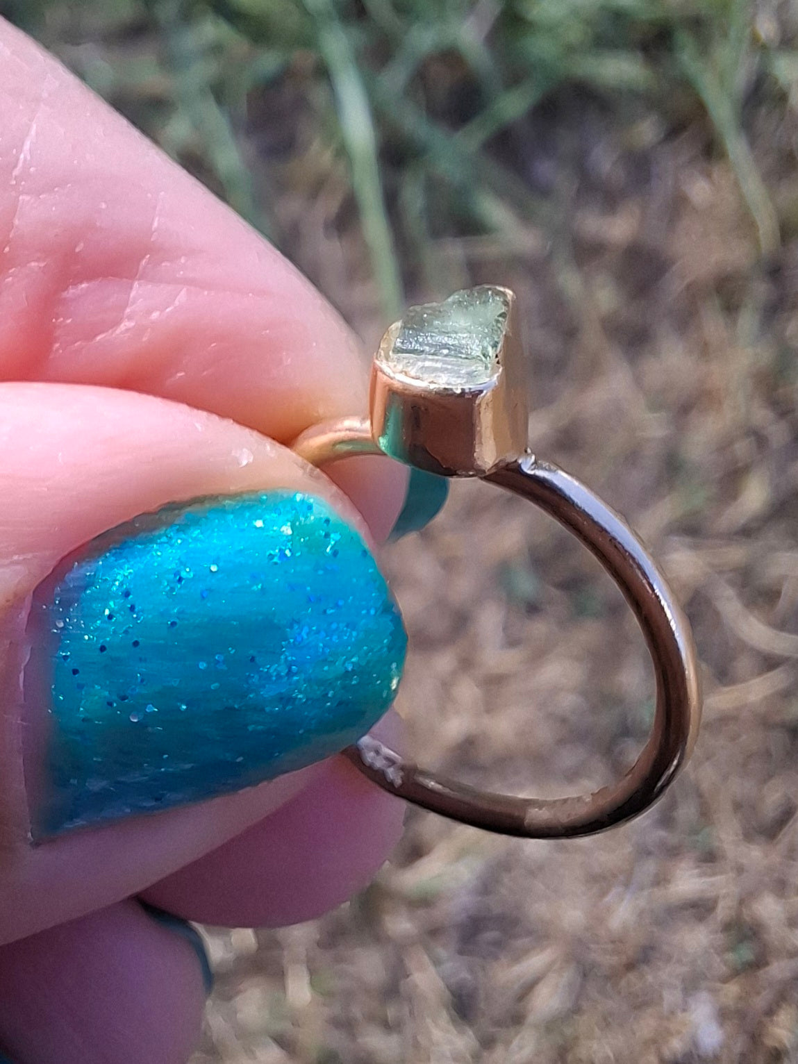 Moldavite Ring, 14K GOLD Plated, size large J, Tektite (Ref: R338)