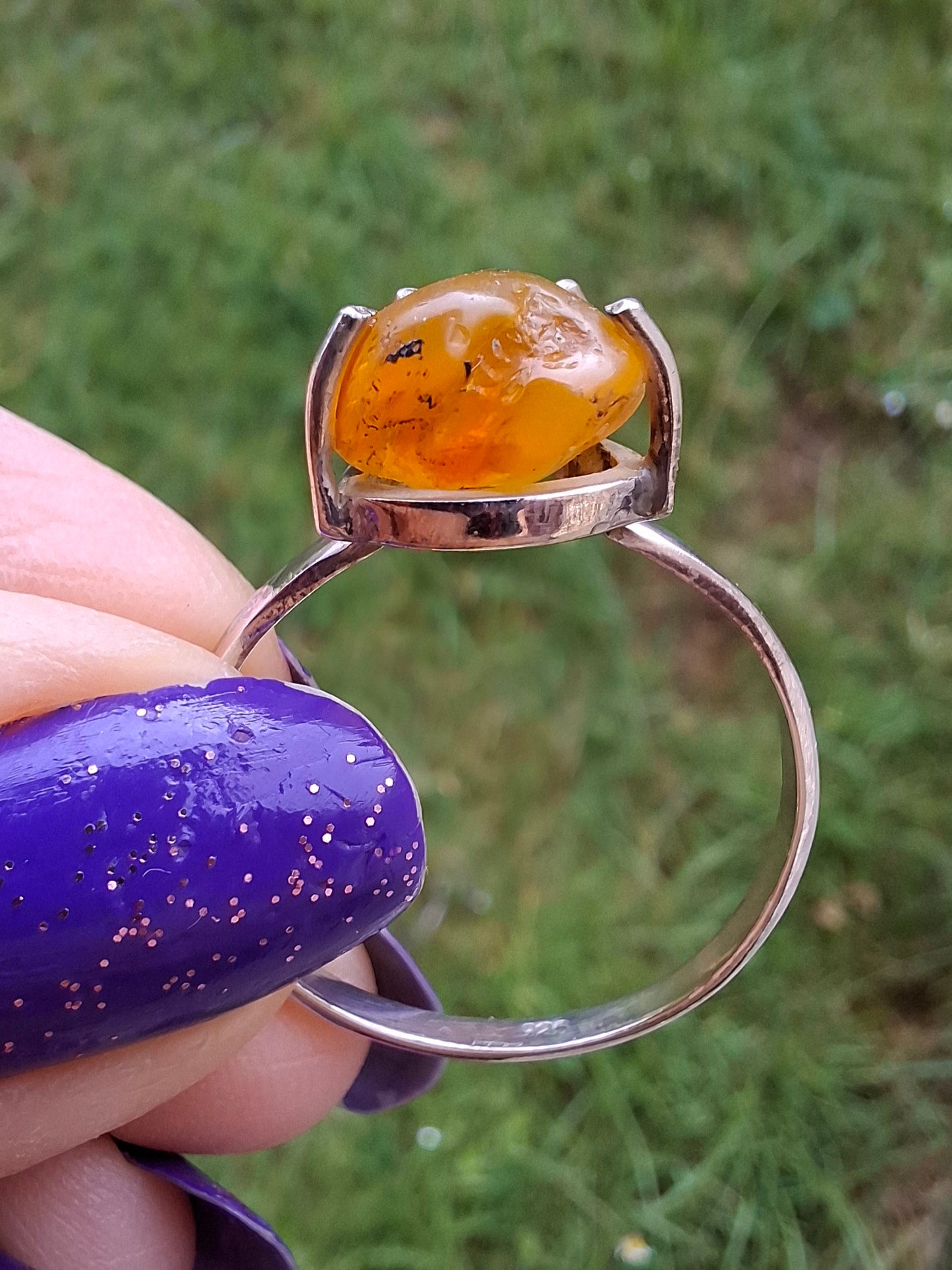Baltic Amber Ring, size large Y, 925 Silver, Fossil (Ref: AR39)