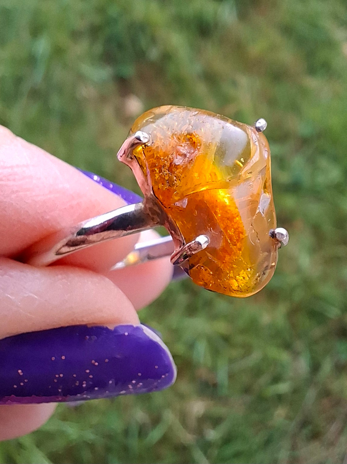 Baltic Amber Ring, size large X, 925 Silver, Fossil (Ref: AR36)