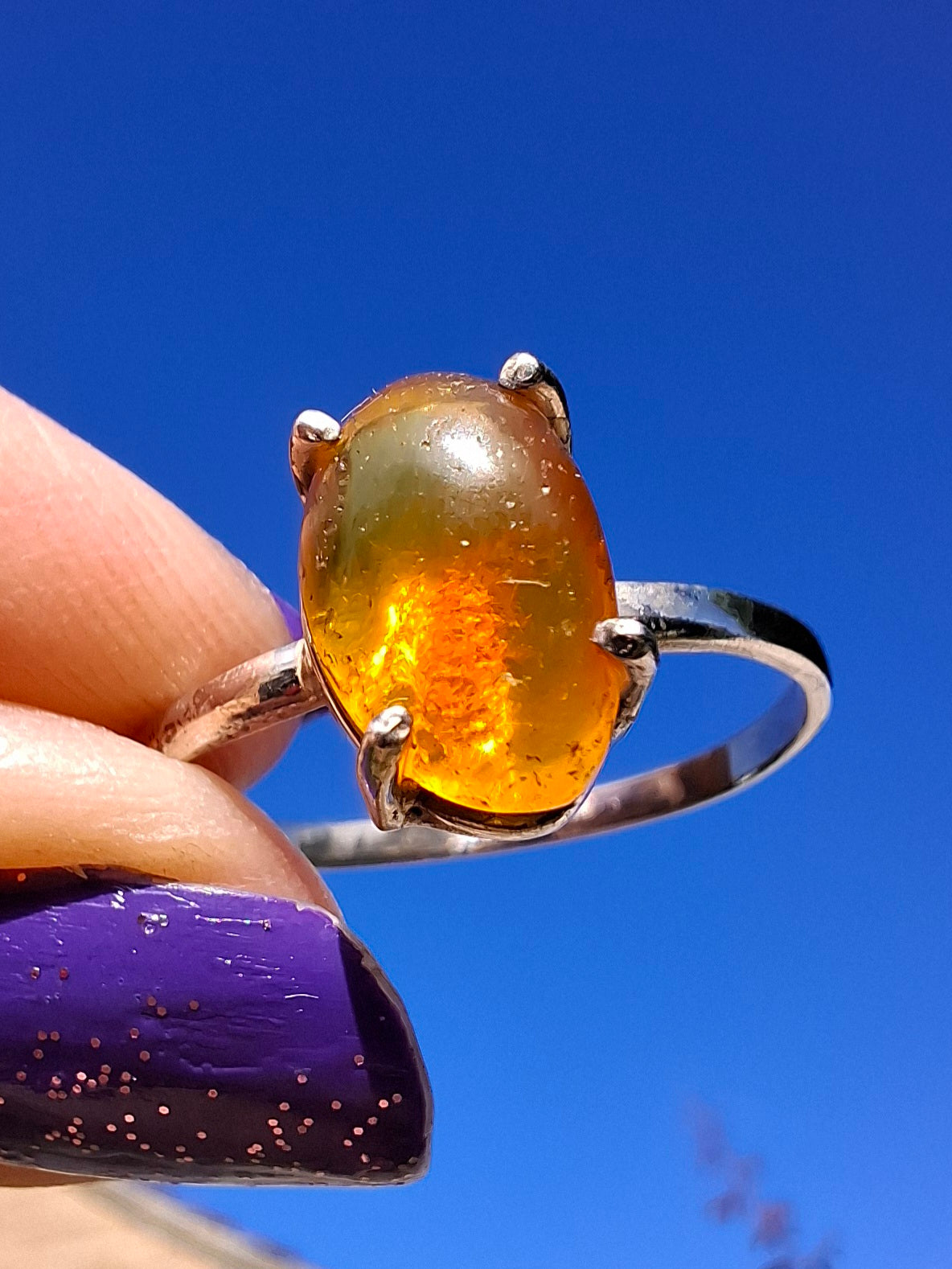 Baltic Amber Ring, size large Y, 925 Silver, Fossil (Ref: AR38)