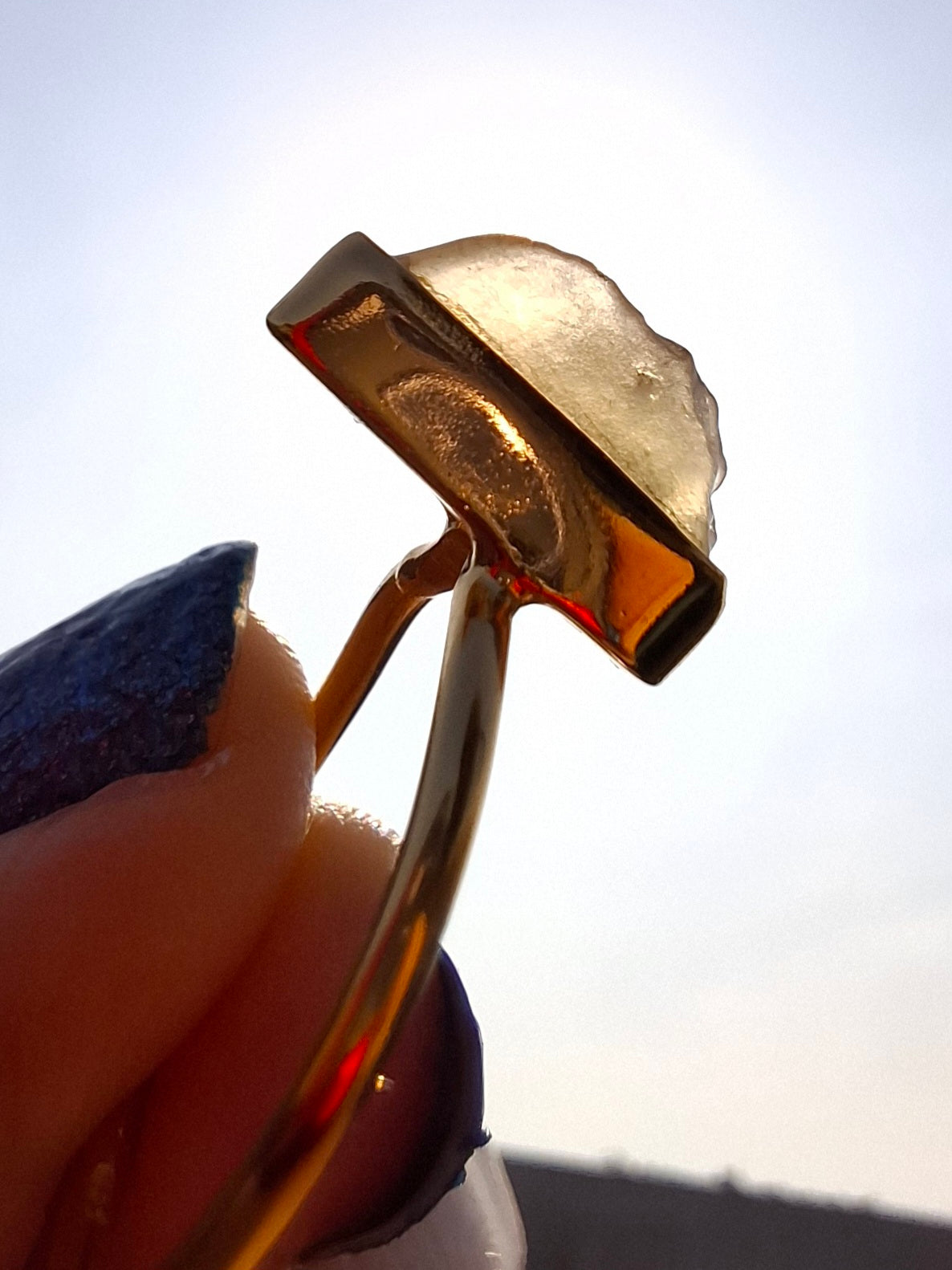 Libyan Desert Glass Ring, 14K GOLD Plated, size small O, Tektite (Ref: LR81)