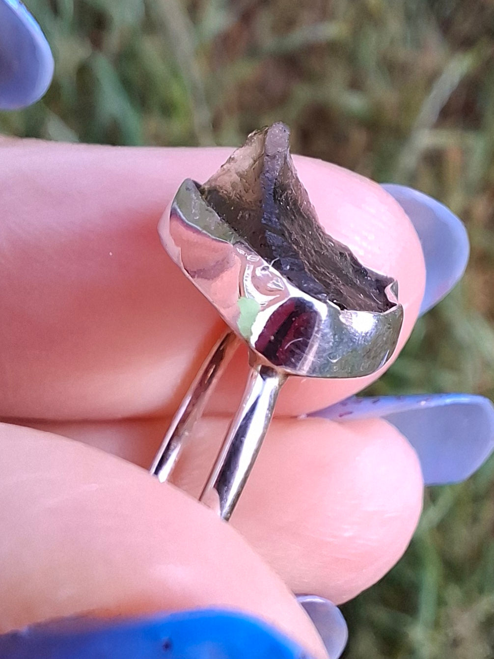 Moldavite Ring, size large J, 925 Silver, Tektite (Ref: R20)