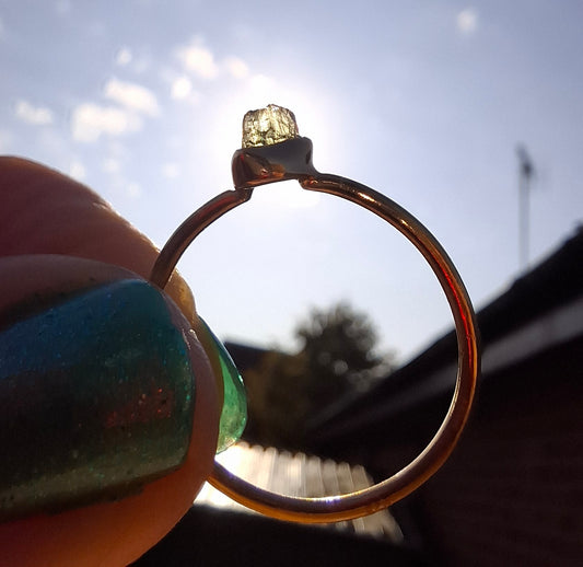 Moldavite Ring, 14K GOLD Plated, size large S / small T, Tektite (Ref: R352)