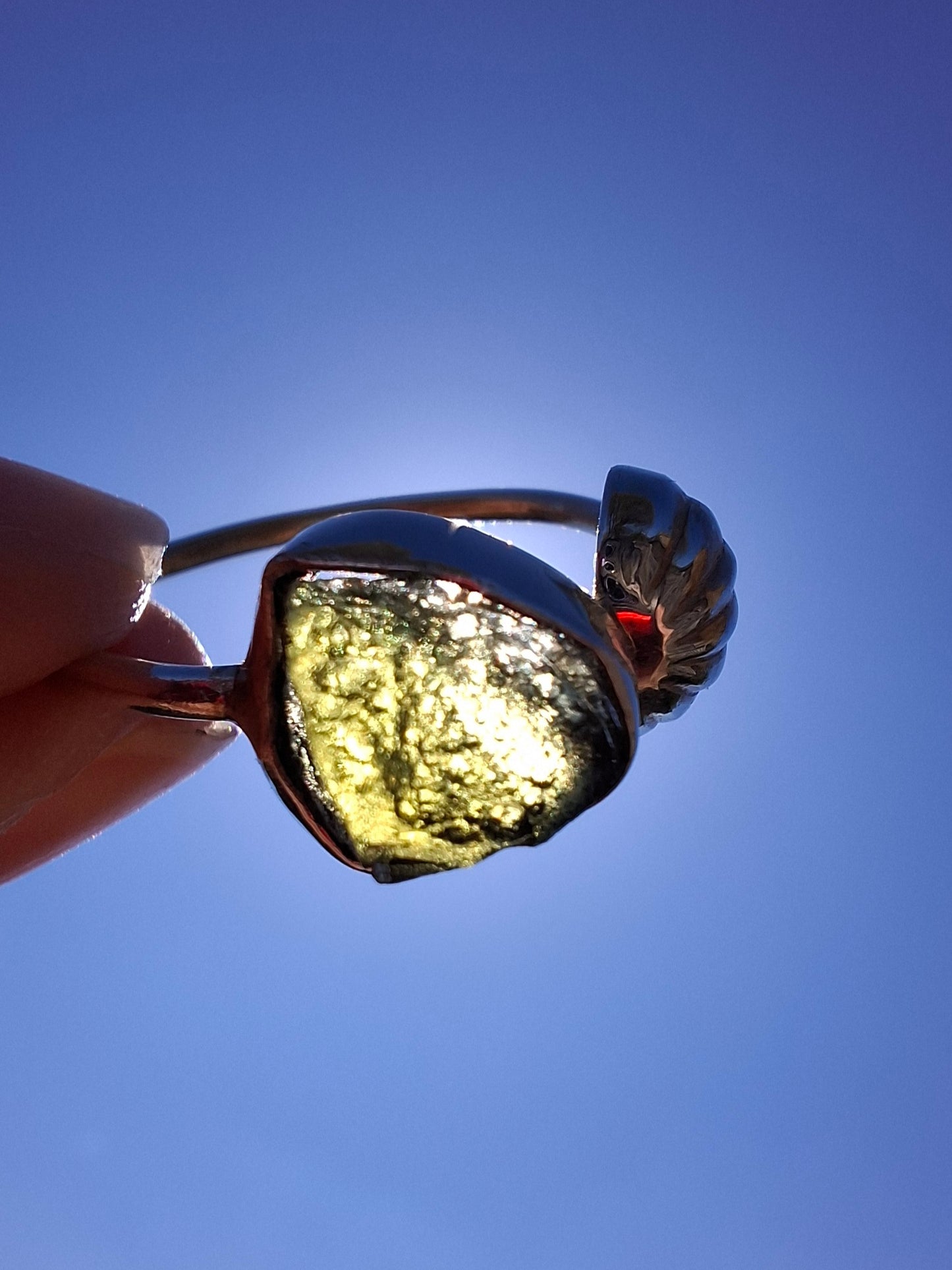 Moldavite ADJUSTABLE Ring, size large V/small W, 925 Silver, Tektite (Ref: AR51)