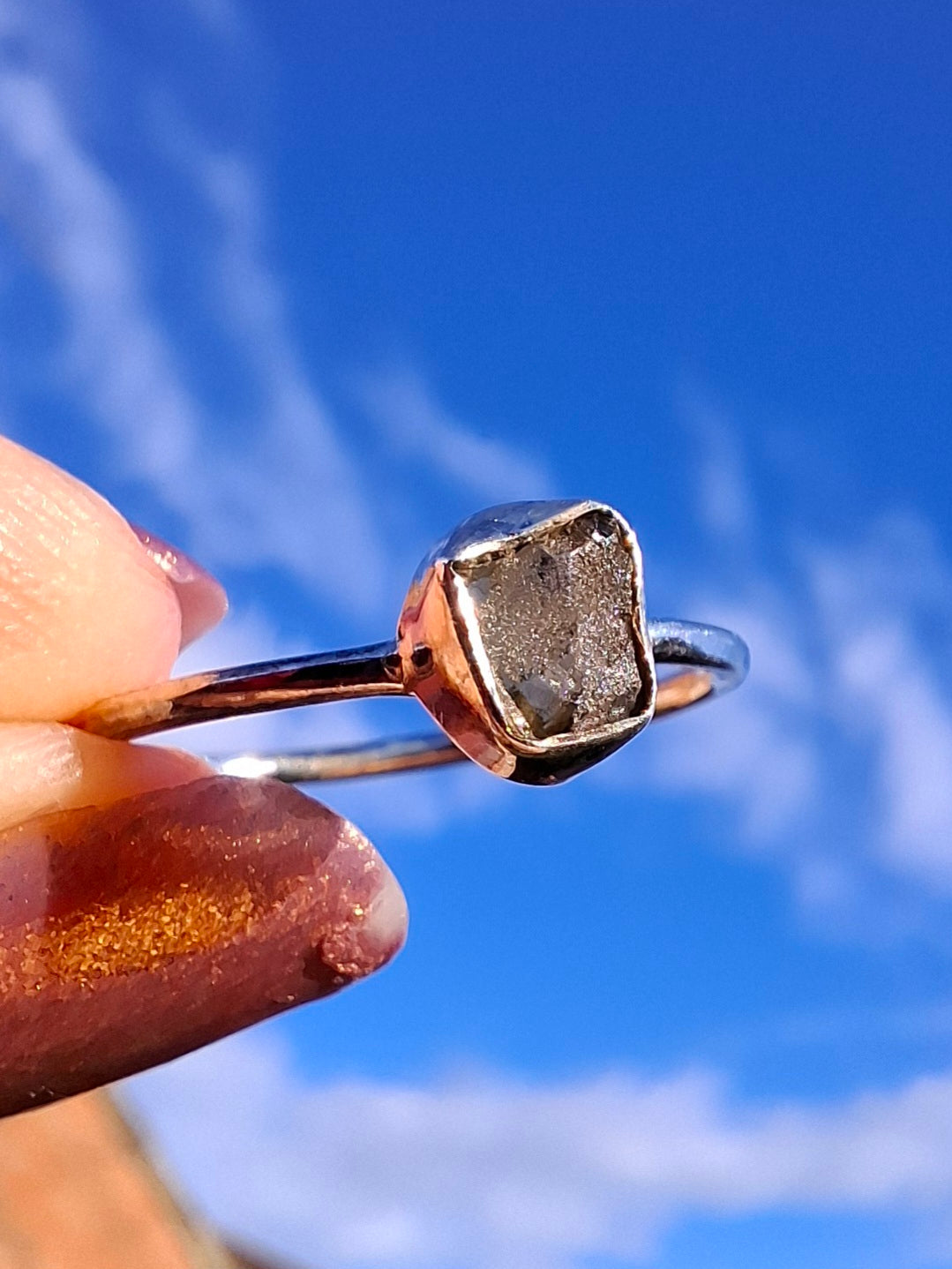 Moldavite Ring, size small Q, 925 Silver, Tektite (Ref: R44)
