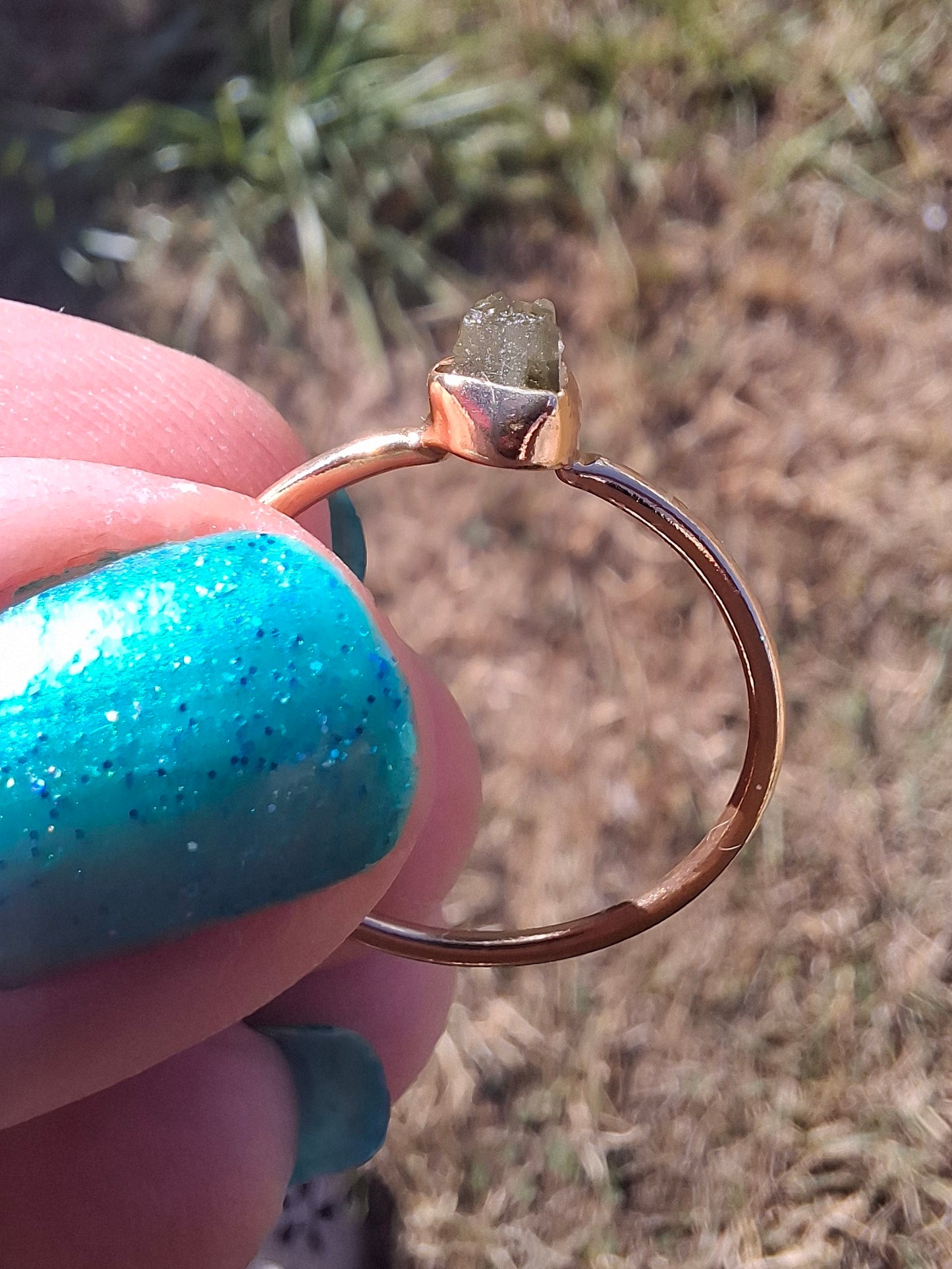 Moldavite Ring, 14K GOLD Plated, size large S / small T, Tektite (Ref: R352)