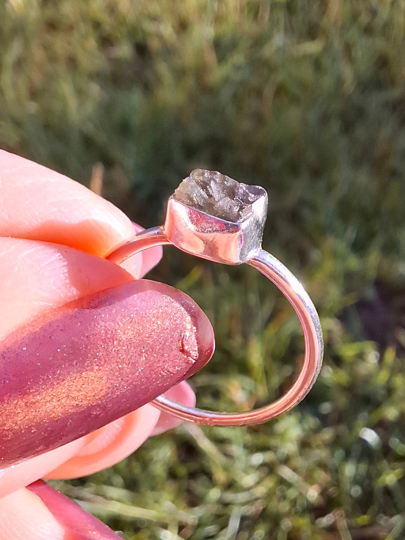 Moldavite Ring, Size small L, 925 Silver, Tektite (Ref: R34)