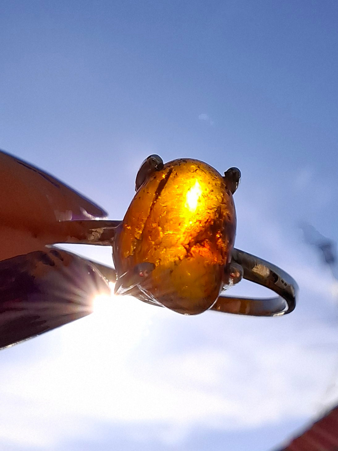 Baltic Amber Ring, size large W, 925 Silver, Fossil (Ref: AR29)