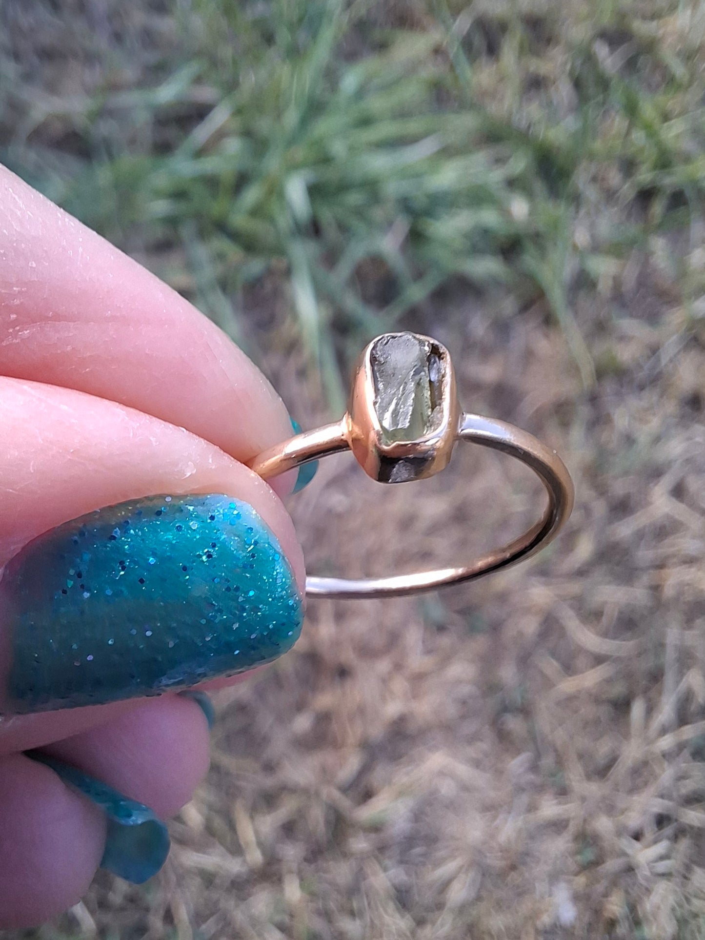 Moldavite Ring, 14K GOLD Plated, size large M, Tektite (Ref: R337)