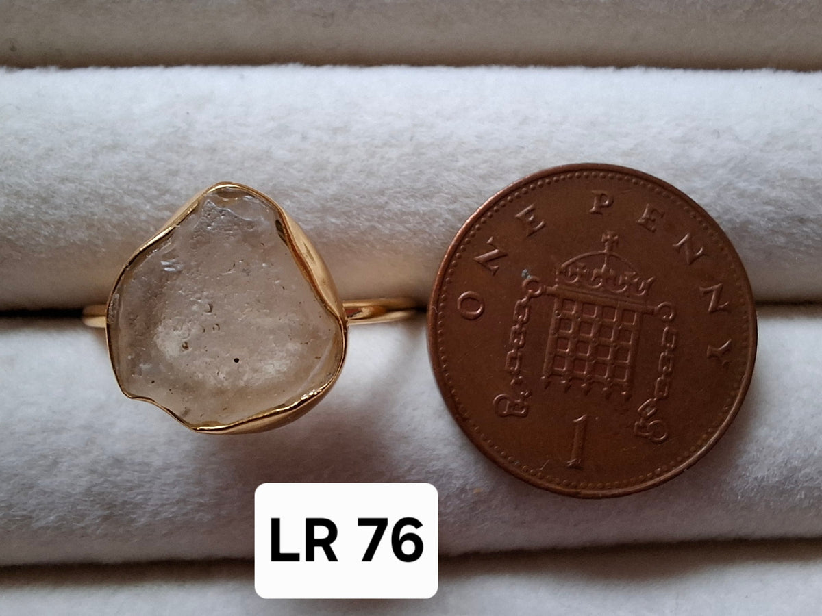 Libyan Desert Glass Ring, 14K GOLD Plated, size large R, Tektite (Ref: LR76)