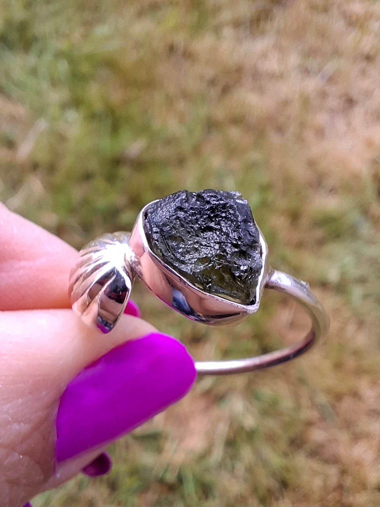 Moldavite ADJUSTABLE Ring, size large V/small W, 925 Silver, Tektite (Ref: AR51)