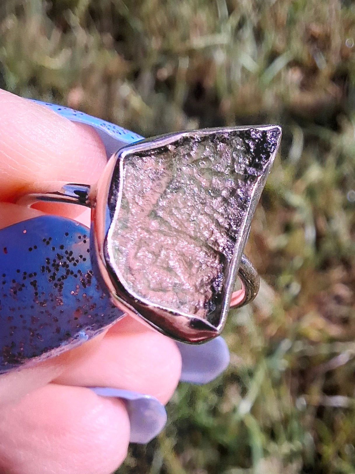 Moldavite Ring, size large M, 925 Silver, Tektite (Ref: R24)