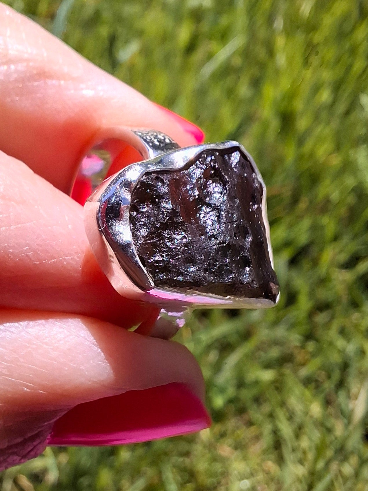 Moldavite Ring, size large M/small N, 925 Silver, Tektite (Ref: R309)