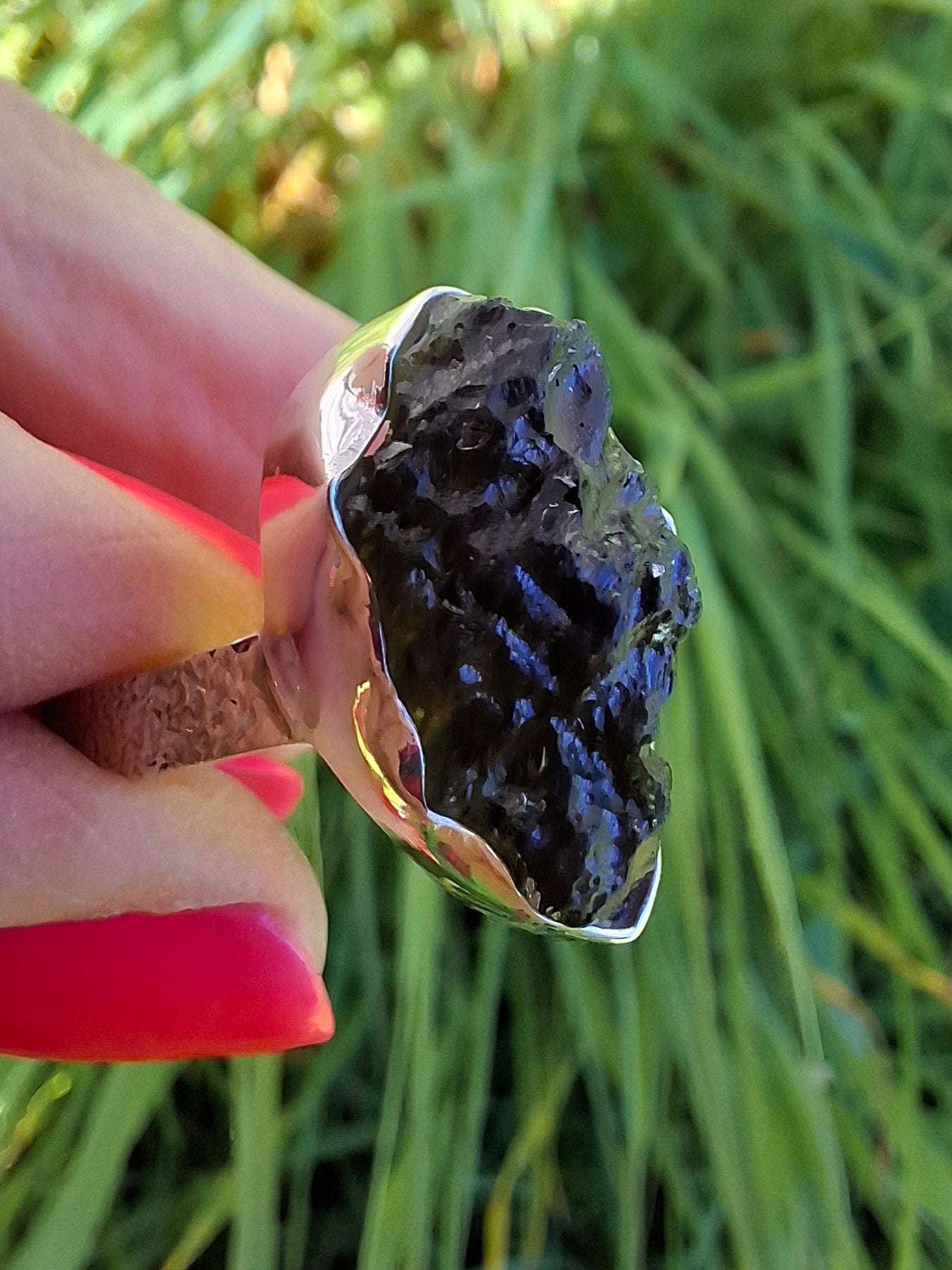 Moldavite Ring, size U, 925 Silver, Tektite (Ref: R325)