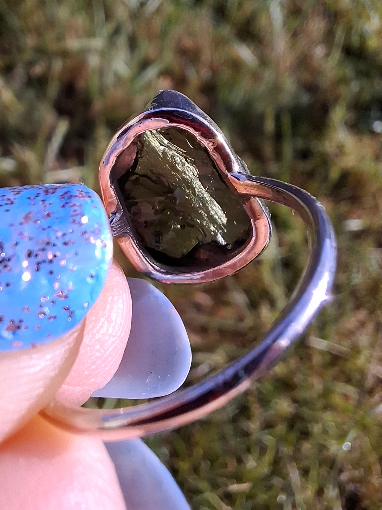 Moldavite Ring, size large N, 925 Silver, Tektite (Ref: R25)