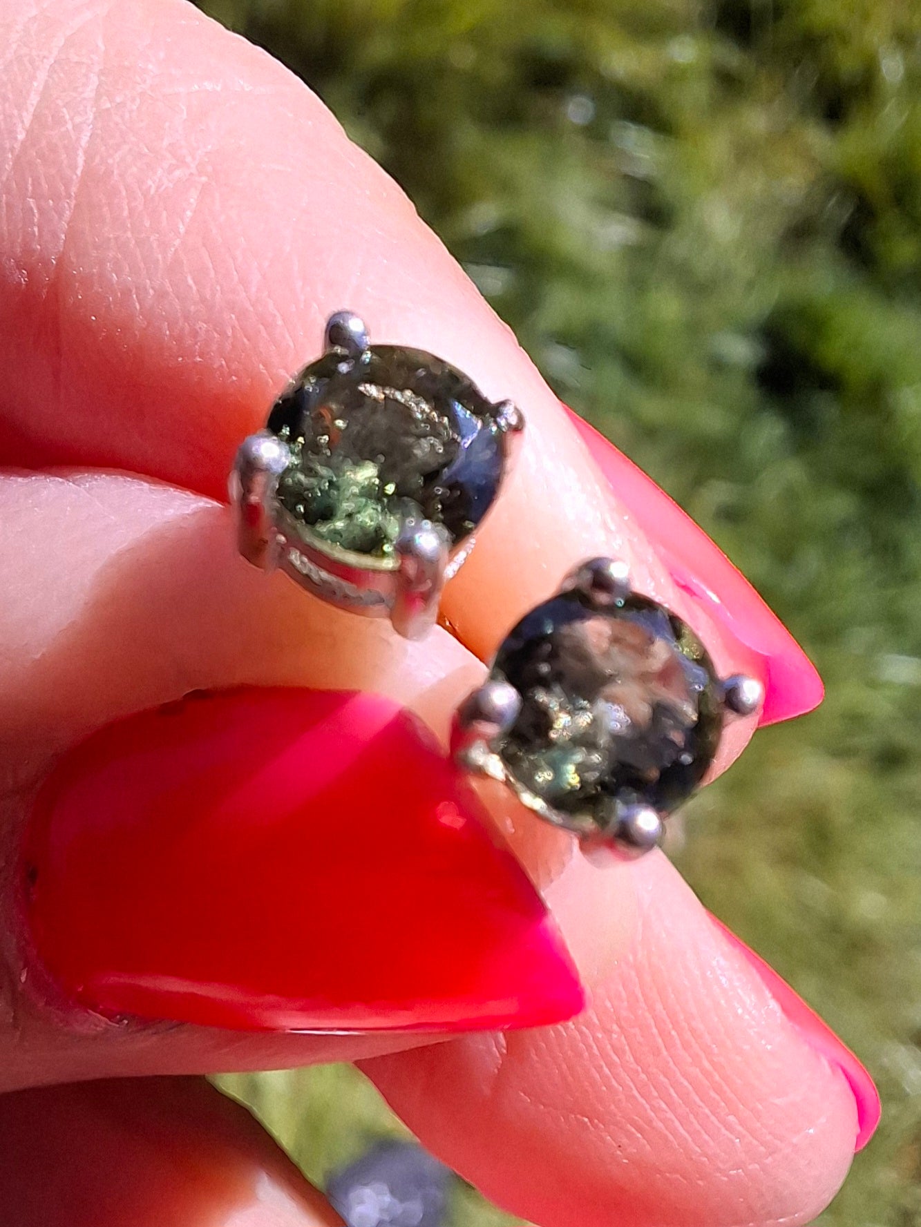 Moldavite (faceted) 5mm STUD EARRINGS, 925 Silver, Tektite (Ref: Pair17)