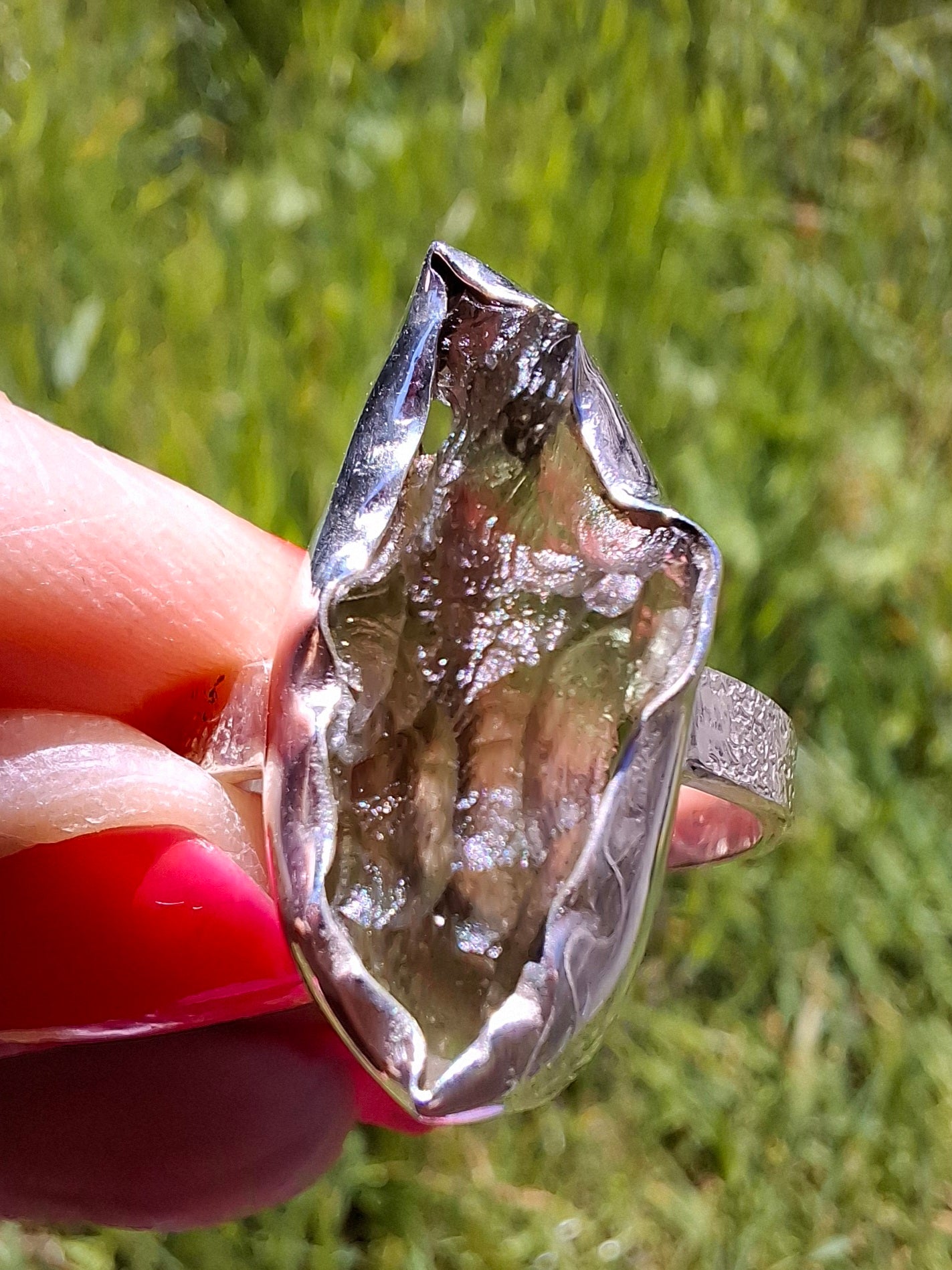 Moldavite Ring, size small U, 925 silver, Tektite (Ref: R321)
