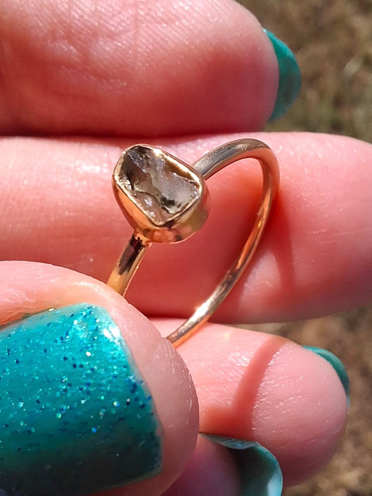 Moldavite Ring, 14K GOLD Plated, size large M, Tektite (Ref: R337)