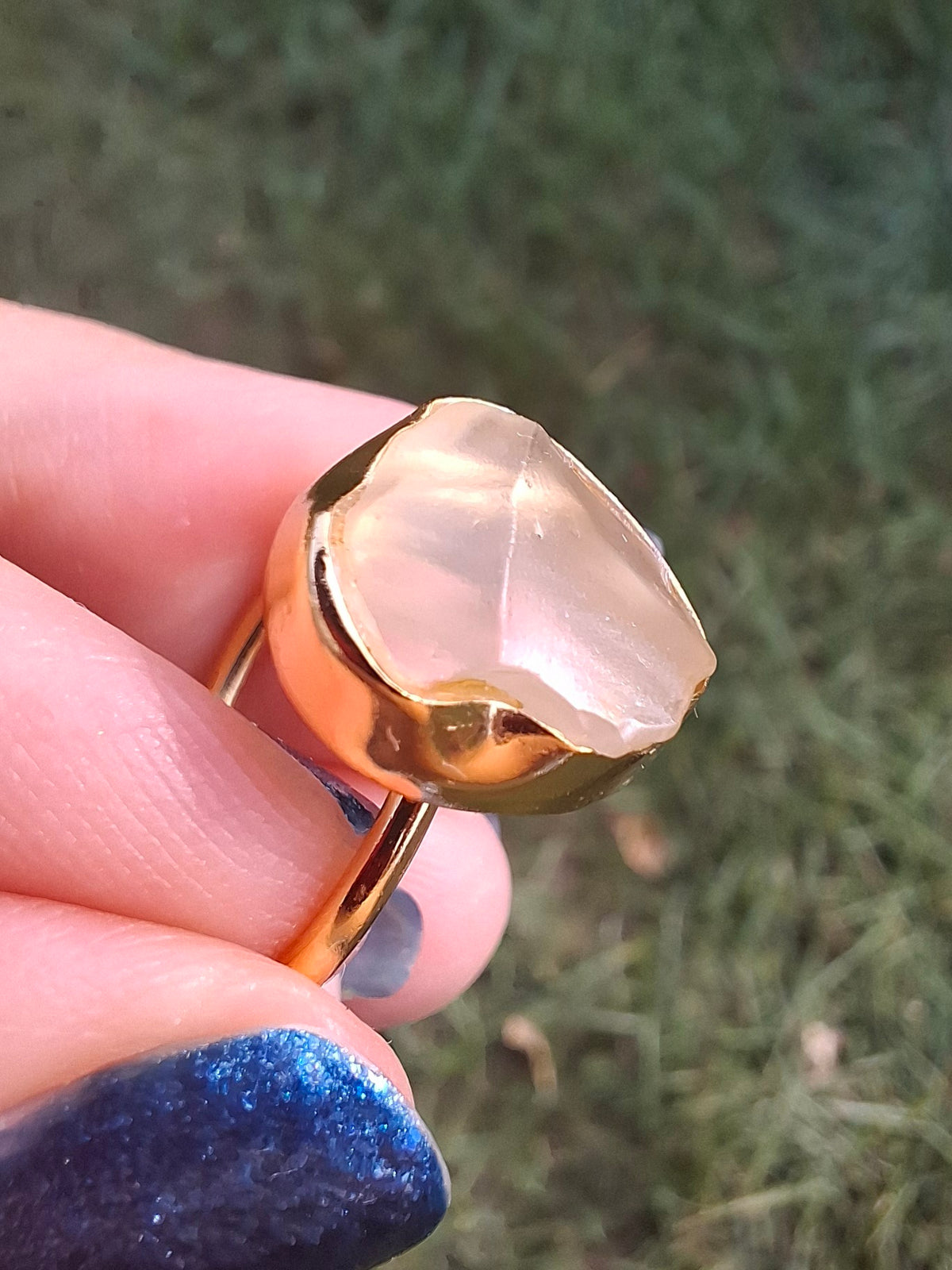 Libyan Desert Glass Ring, 14K GOLD Plated, size large M, Tektite (Ref: LR78)