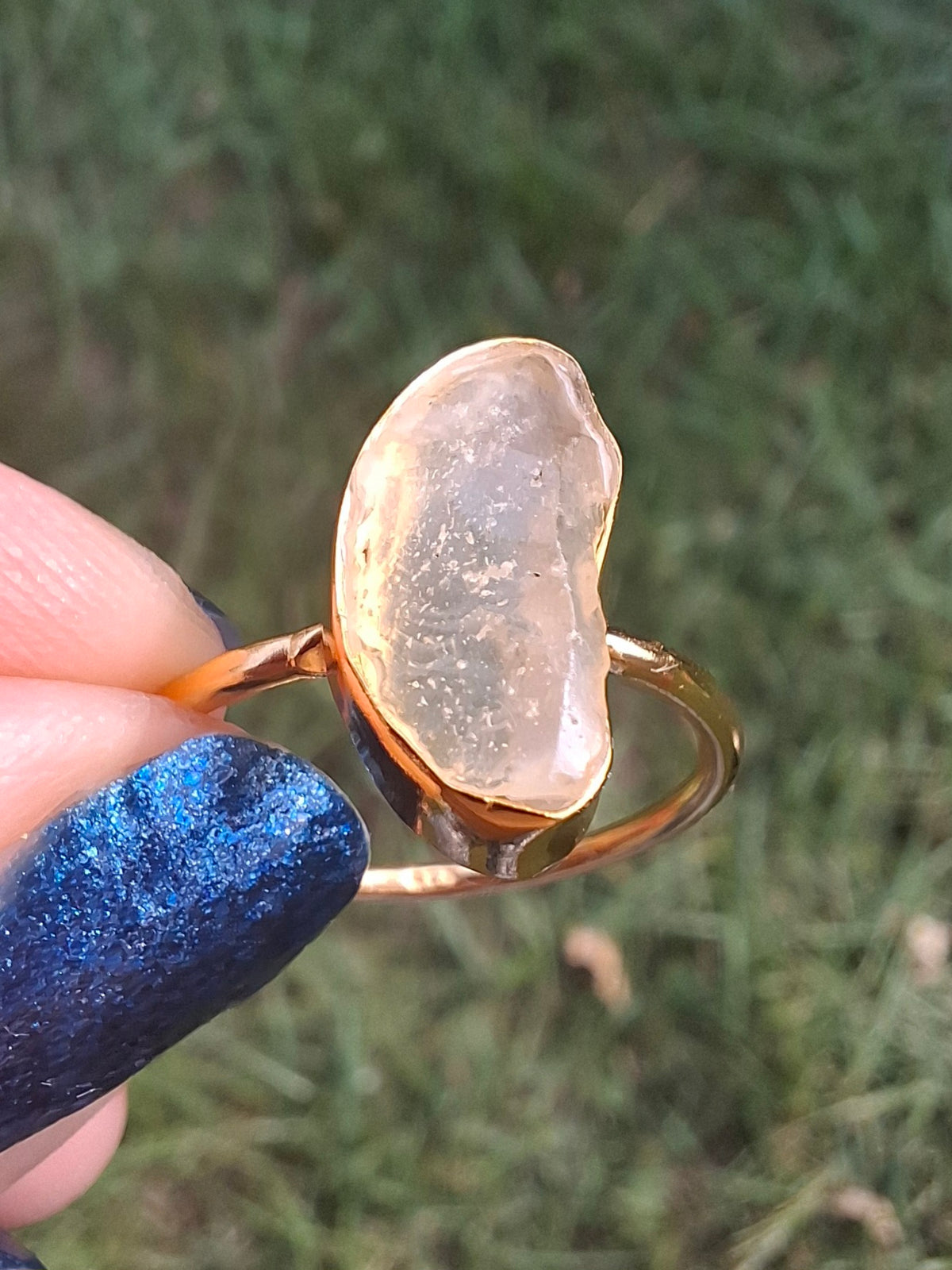 Libyan Desert Glass Ring, 14K GOLD Plated, size Q, Tektite (Ref: LR77)