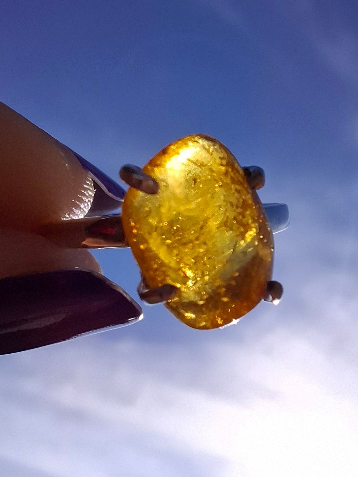Baltic Amber Ring, size large O, 925 Silver, Fossil (Ref: AR12)