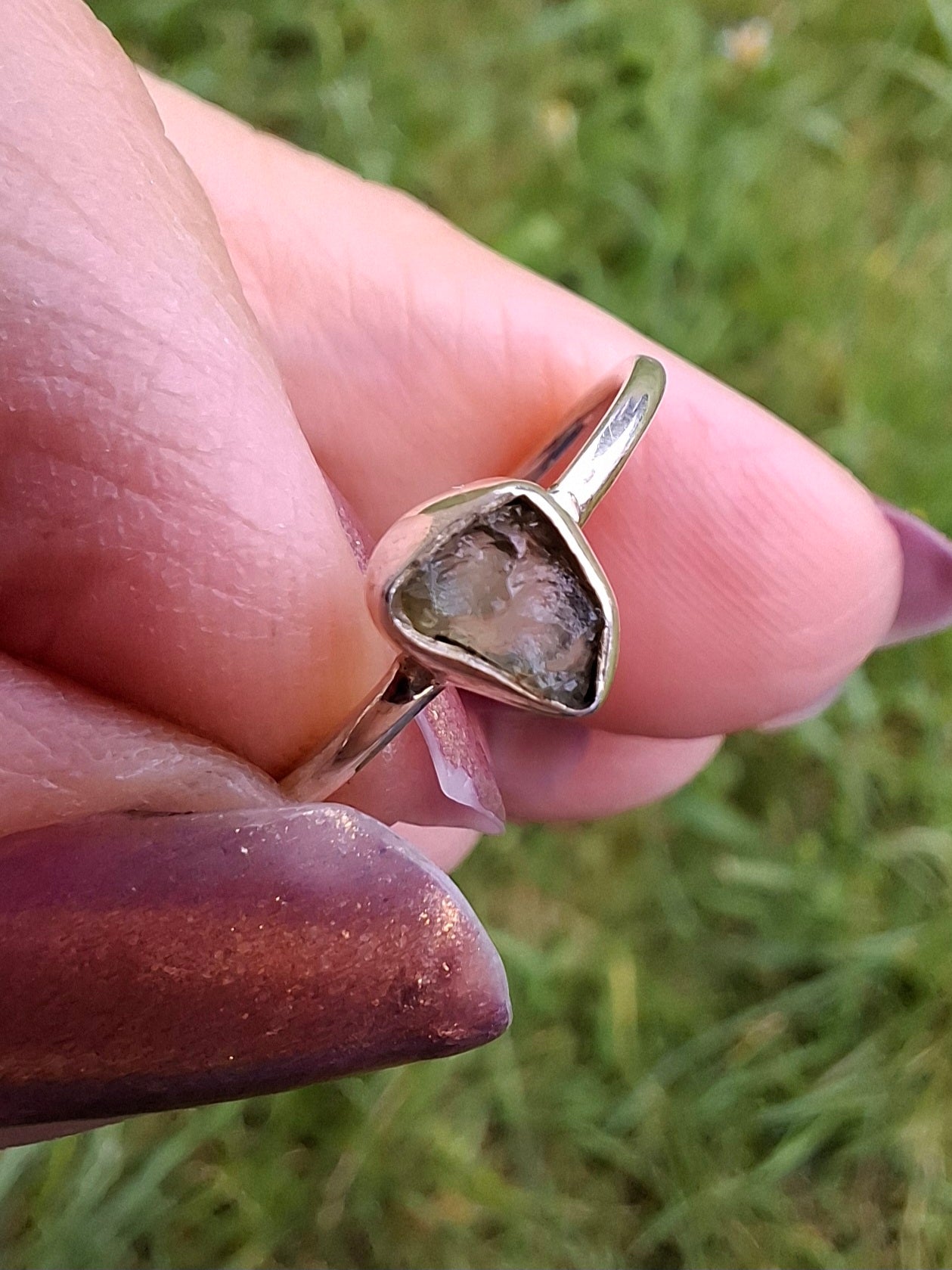 Moldavite Ring, size large L/small M, 925 Silver, Tektite (Ref: R50)