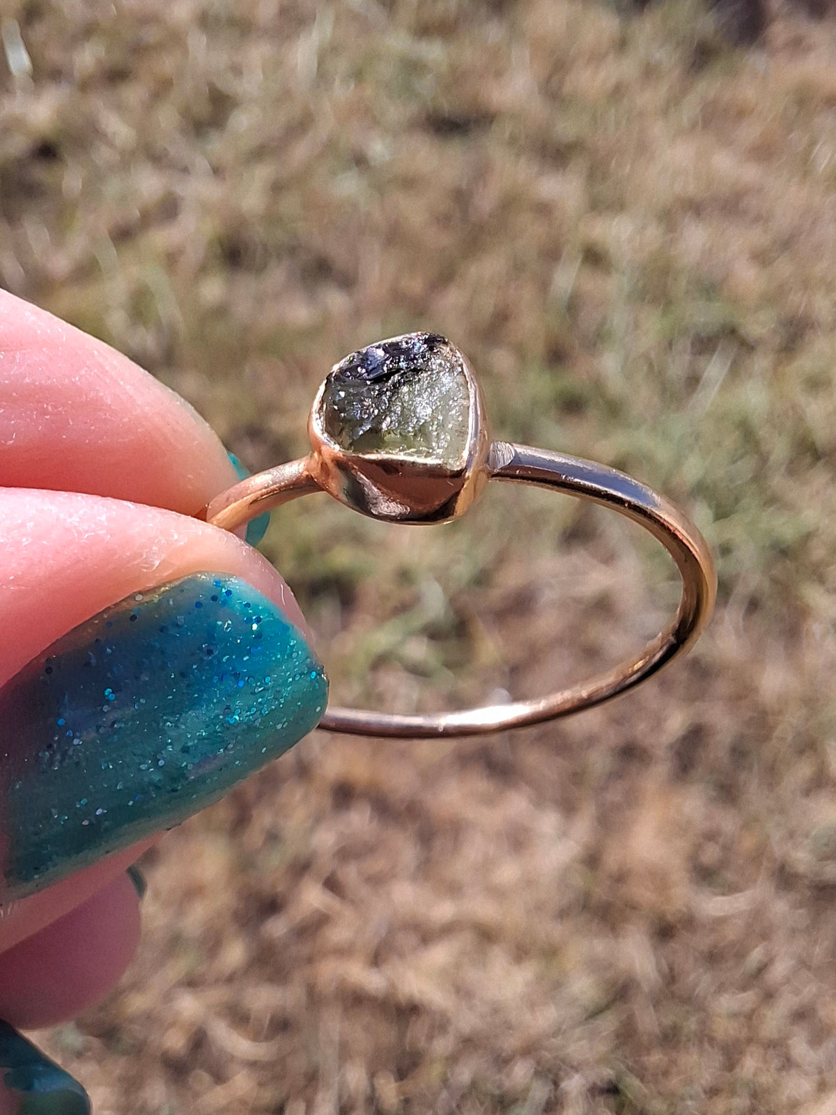 Moldavite Ring, 14K GOLD Plated, size U, Tektite (Ref: R348)
