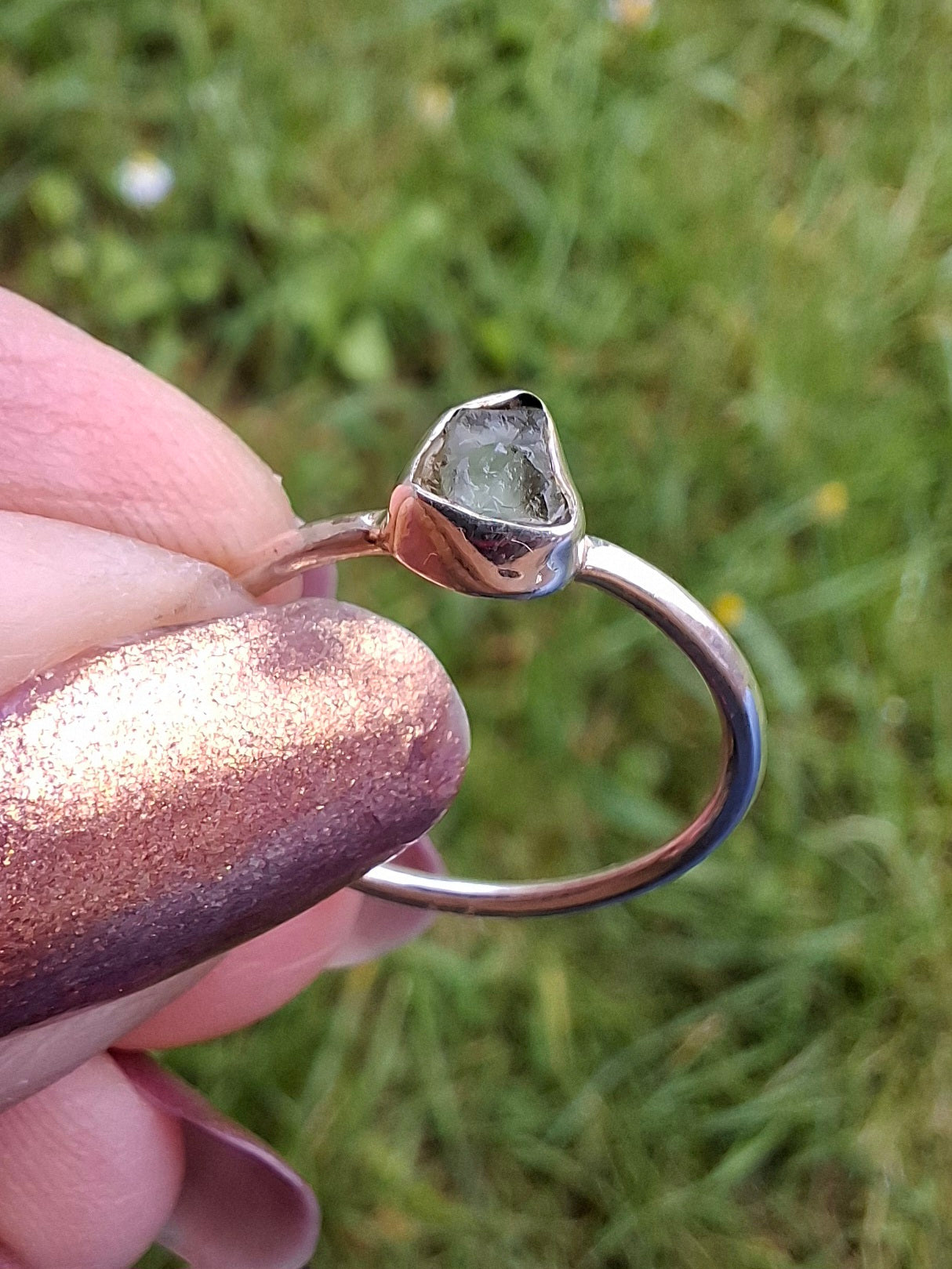 Moldavite Ring, size large L/small M, 925 Silver, Tektite (Ref: R50)