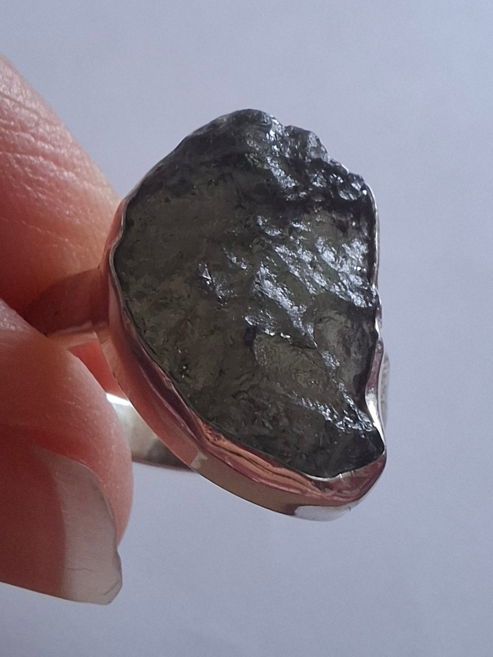 Moldavite Ring, size O, 925 Silver, Tektite (Ref: R311)
