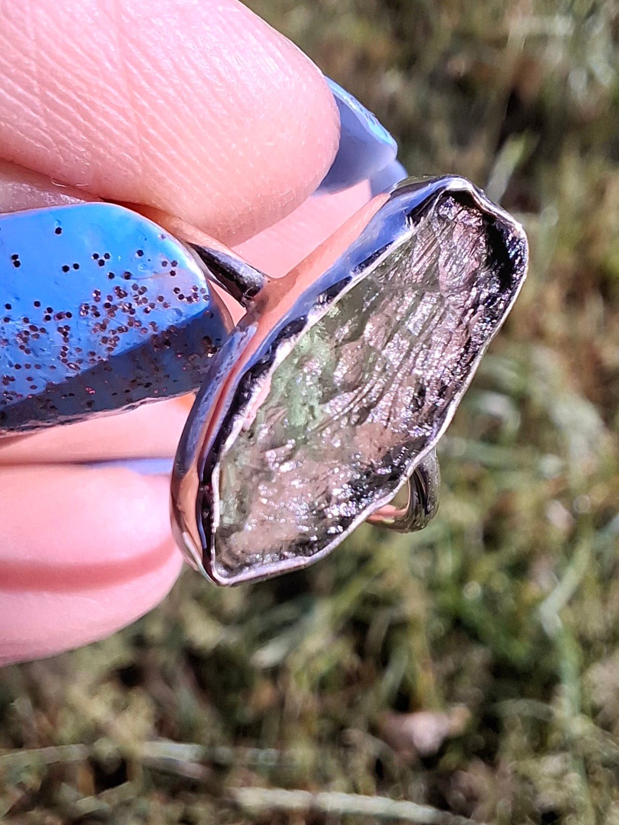 Moldavite Ring, size large R, 925 Silver, Tektite (Ref: R27)