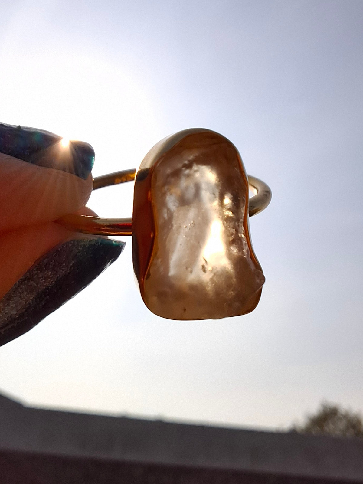Libyan Desert Glass Ring, 14K GOLD Plated, size O, Tektite (Ref: LR65)