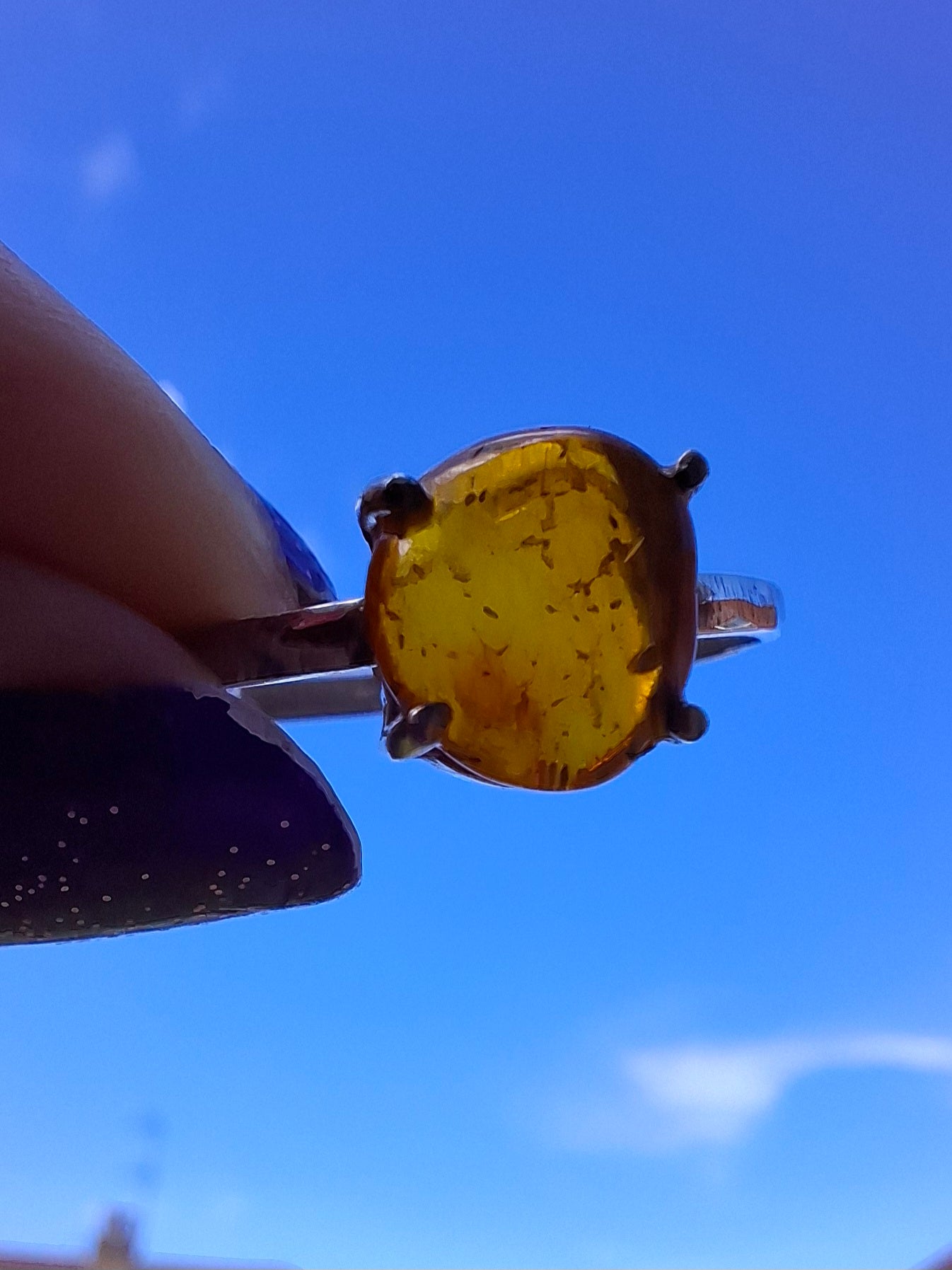 Baltic Amber Ring, size large W, 925 Silver, Fossil (Ref: AR27)