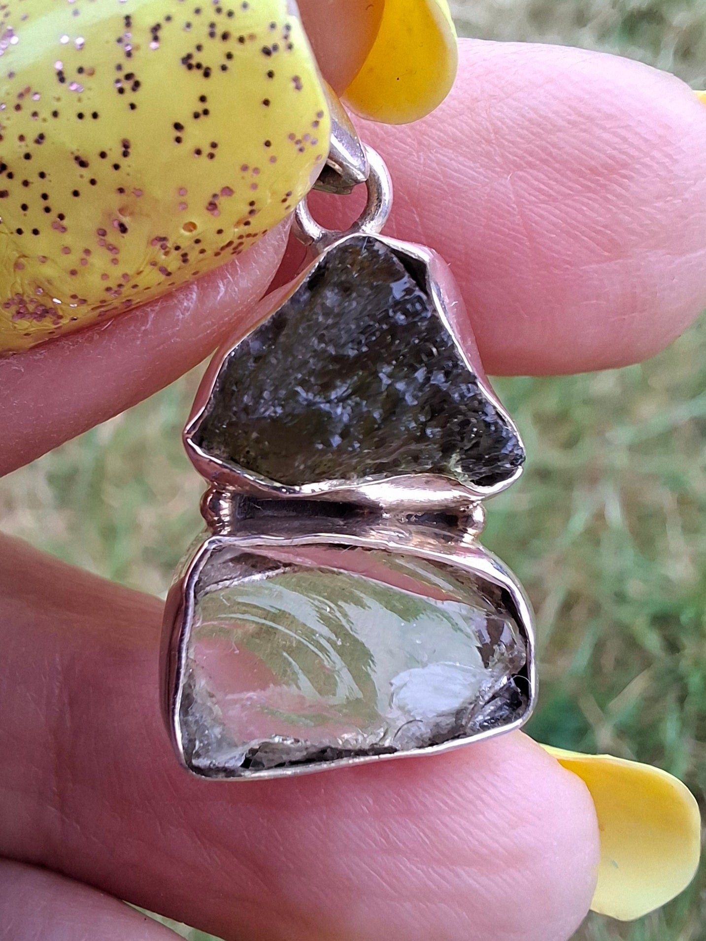 Moldavite & Libyan Desert Glass Pendant, 925 Silver, Tektite (Ref: MLP8)