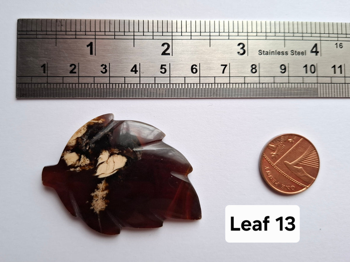 Red Amber Leaf Carving, 7.42g, Fossil (Ref: Leaf13)