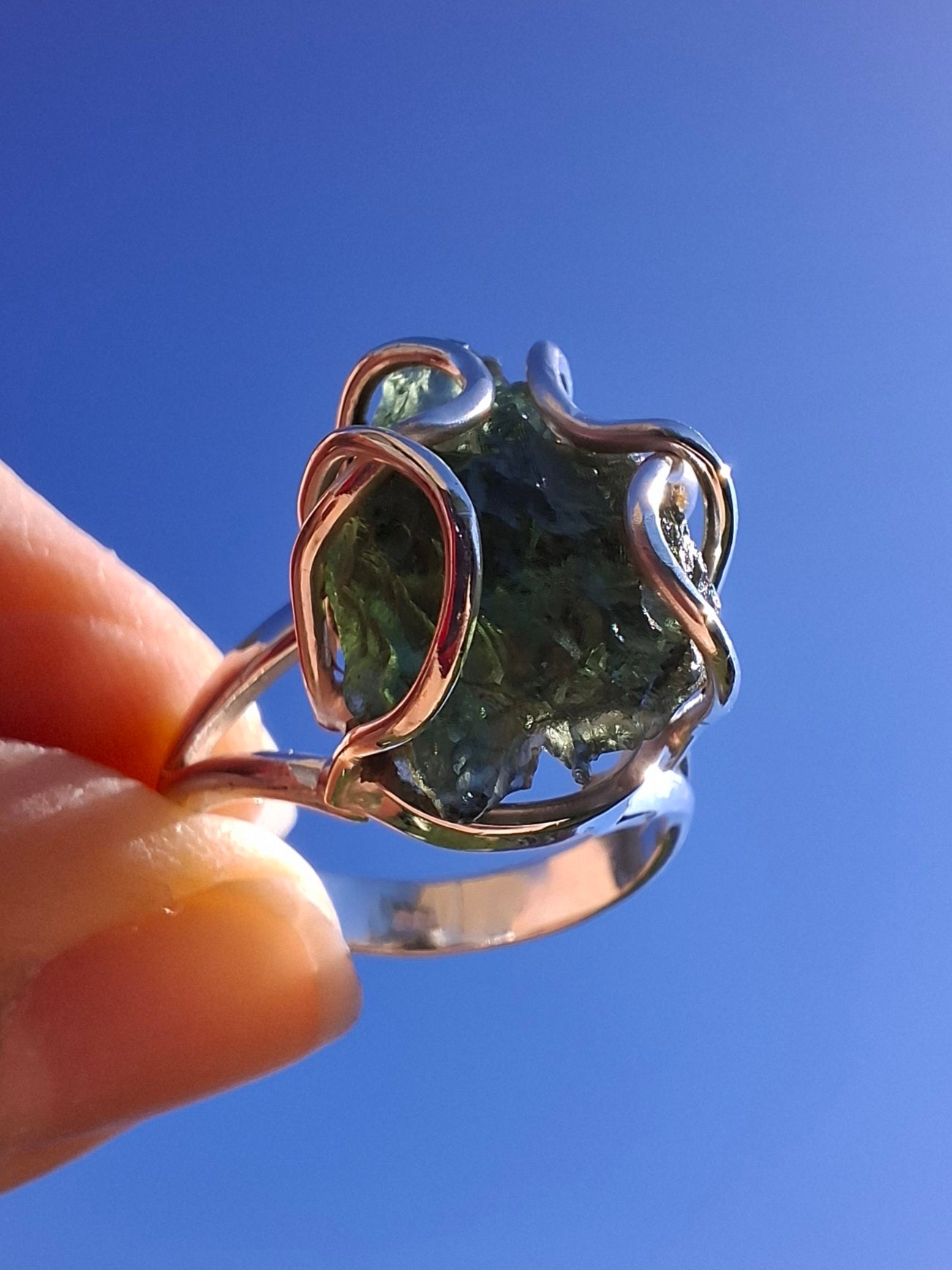 Moldavite Ring, size O, 925 Silver, Tektite (Ref: R7)