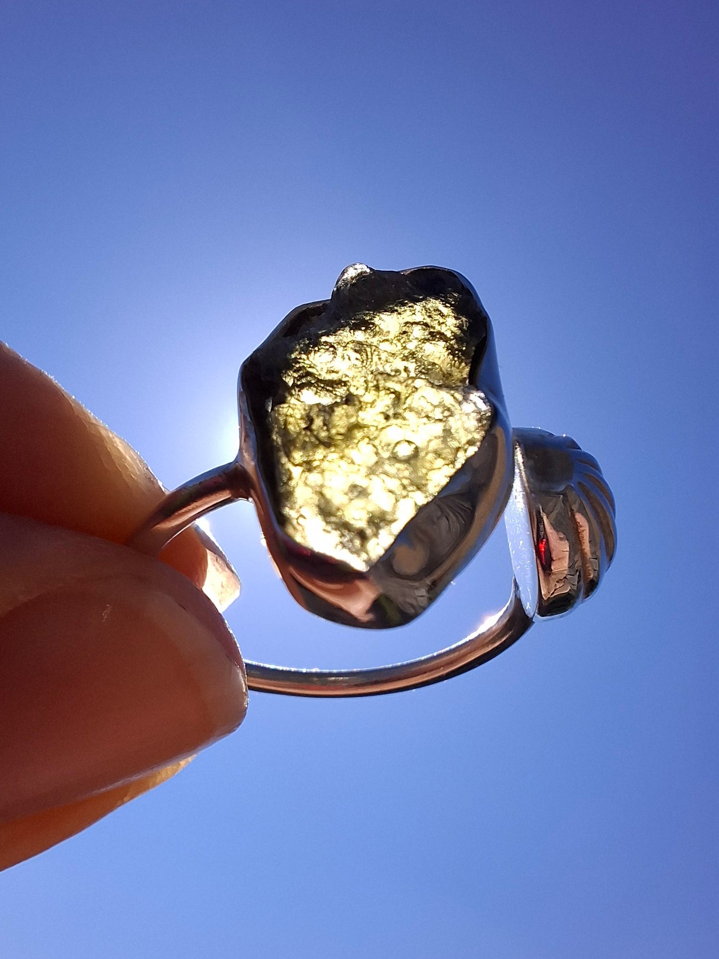 Moldavite ADJUSTABLE Ring, size large O, 925 Silver, Tektite (Ref: AR44)