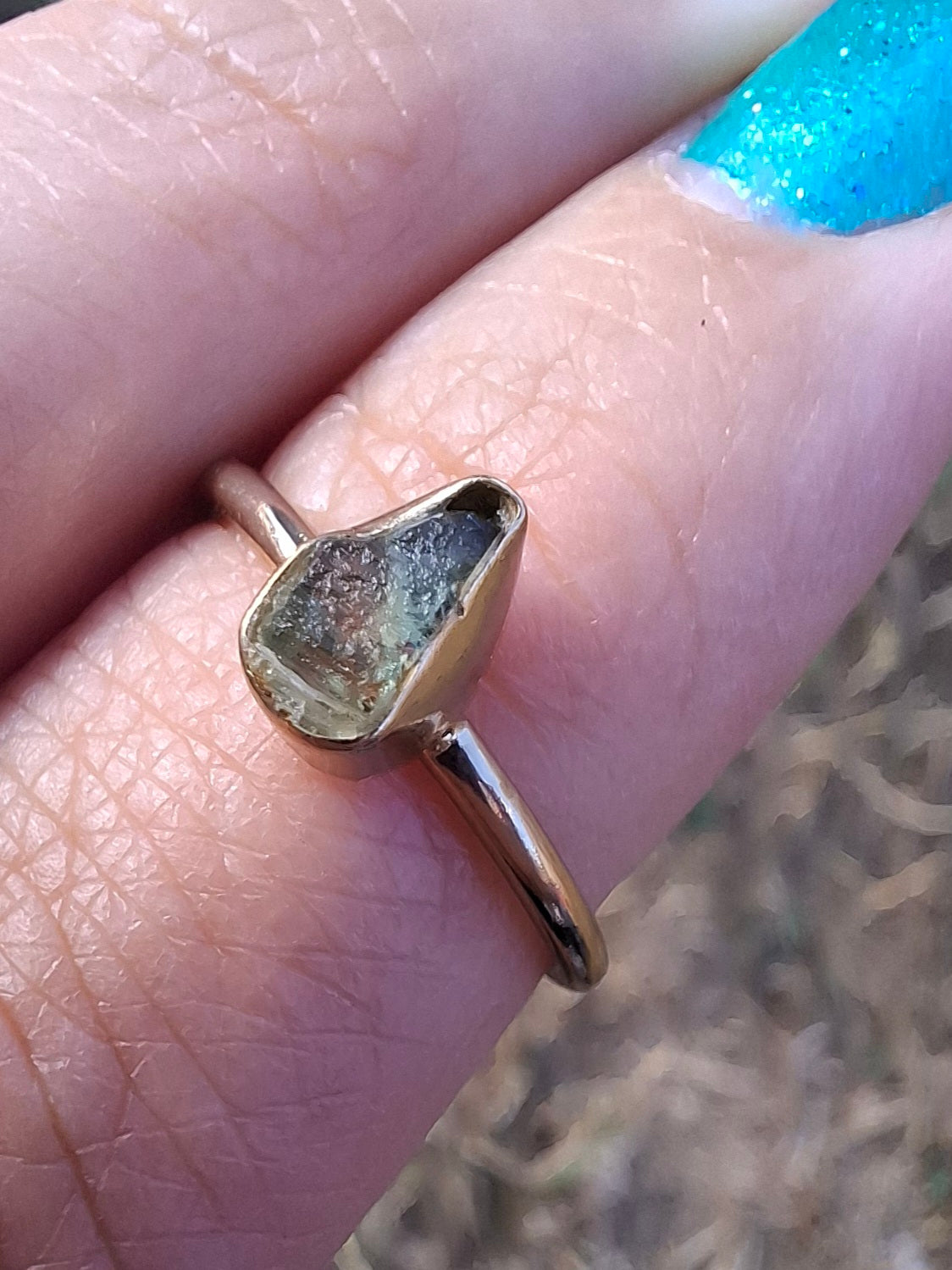 Moldavite Ring, 14K GOLD Plated, size large J, Tektite (Ref: R338)