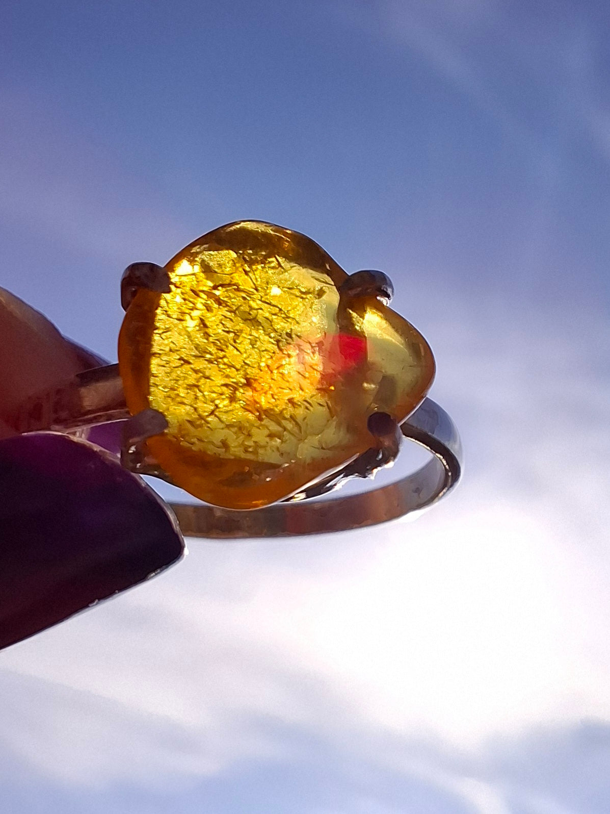 Baltic Amber Ring, size large R, 925 Silver, Fossil (Ref: AR17)