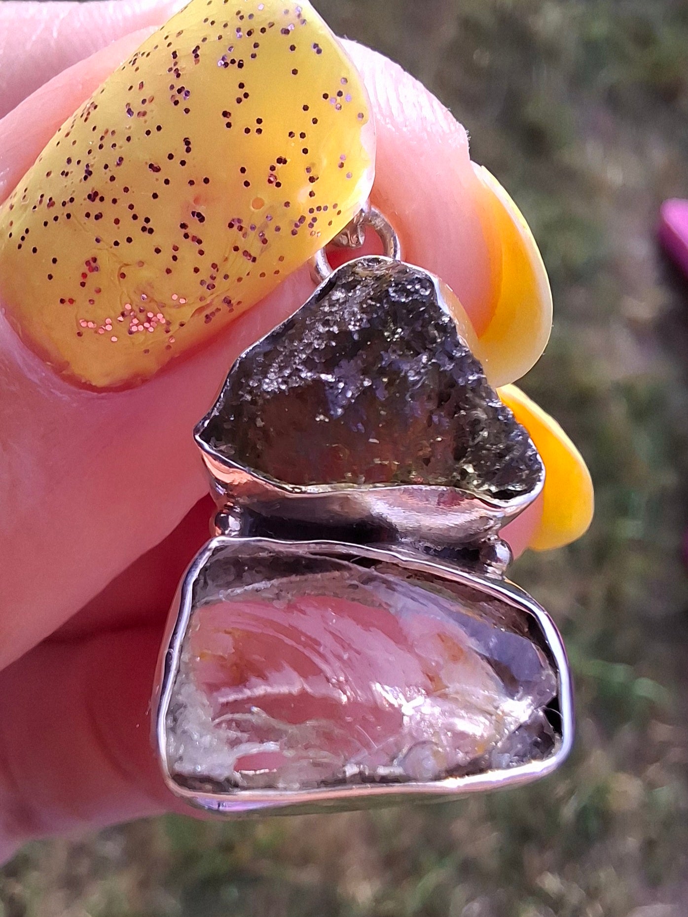 Moldavite & Libyan Desert Glass Pendant, 925 Silver, Tektite (Ref: MLP8)
