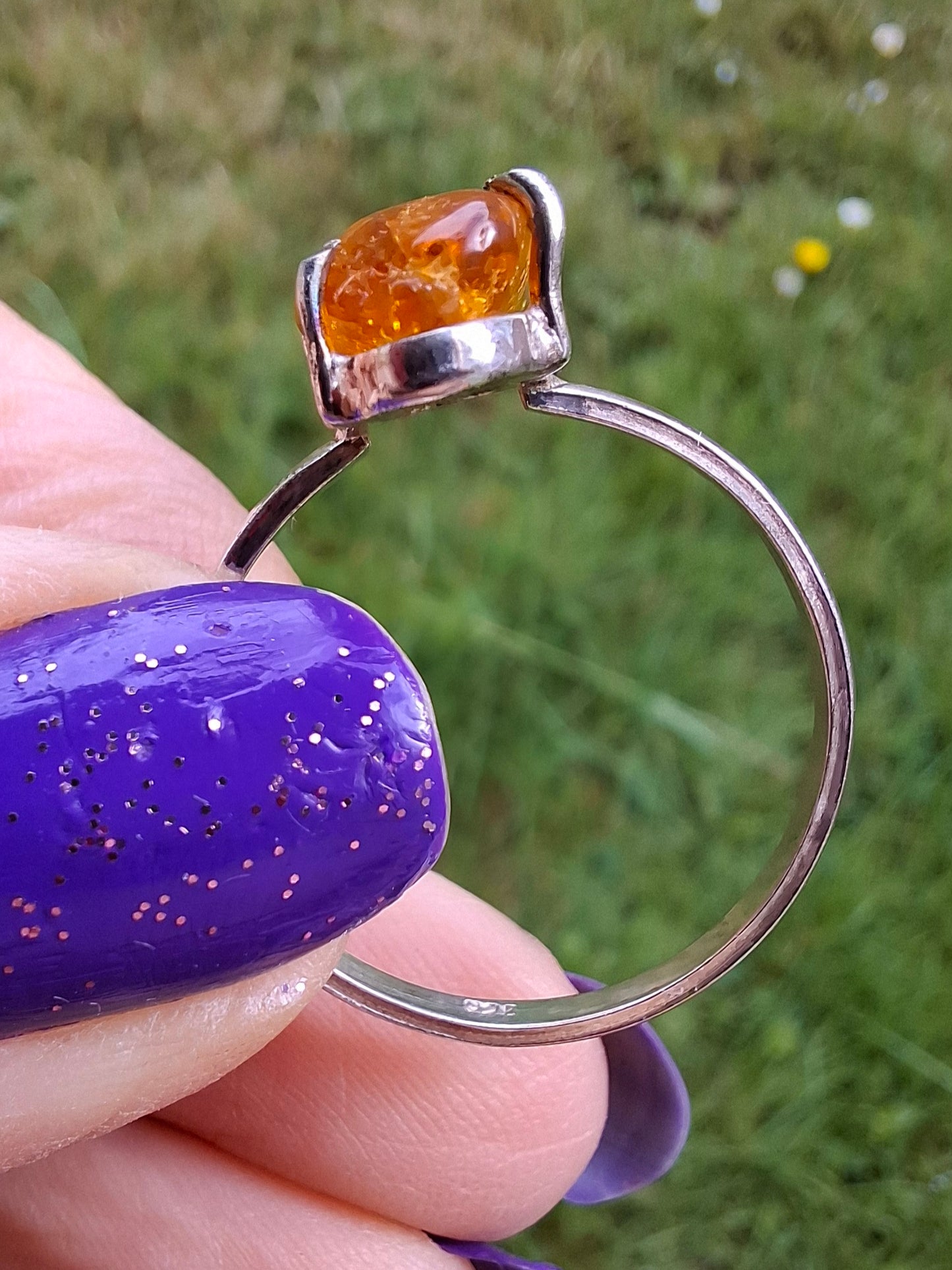 Baltic Amber Ring, size large T/small U, 925 Silver, Fossil (Ref: AR19)