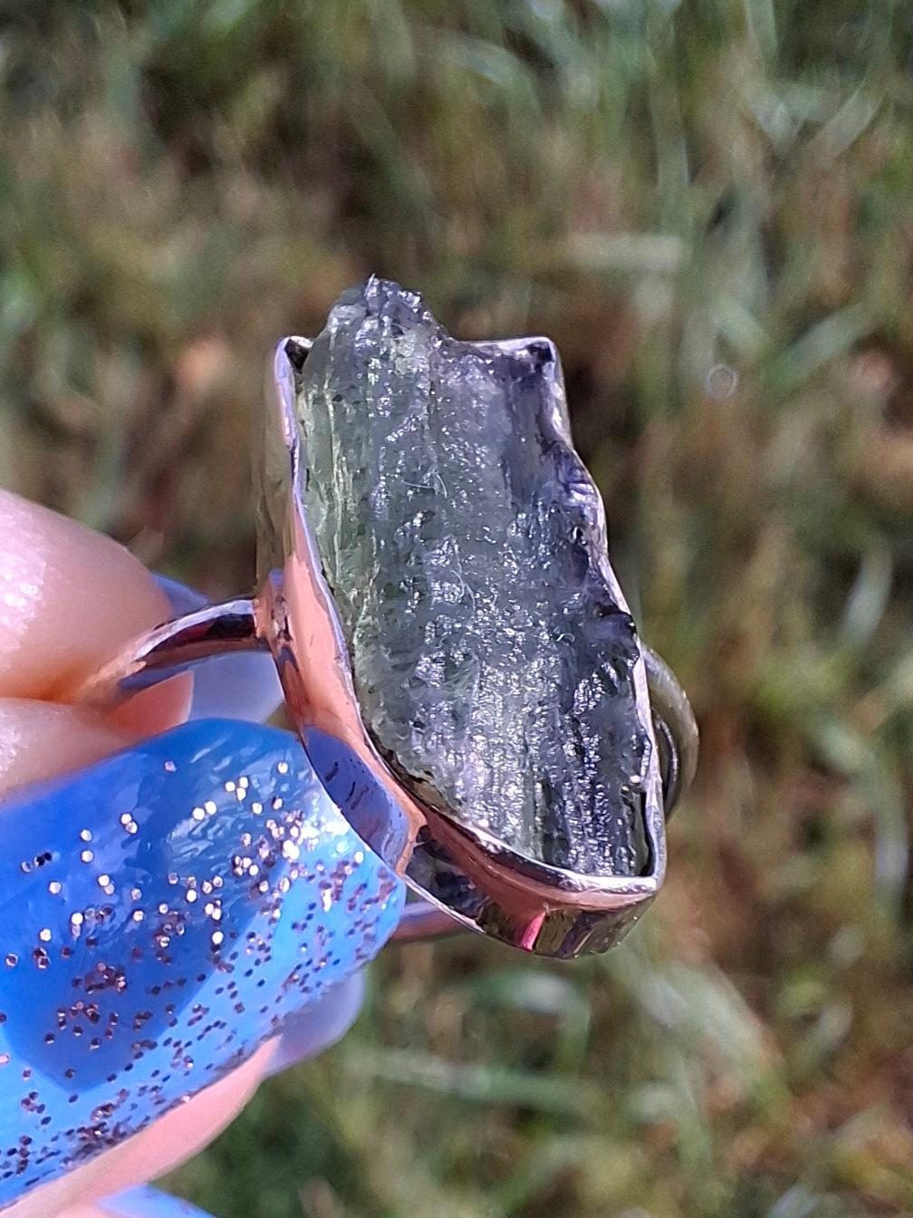 Moldavite Ring, size K, 925 Silver, Tektite (Ref: R21)