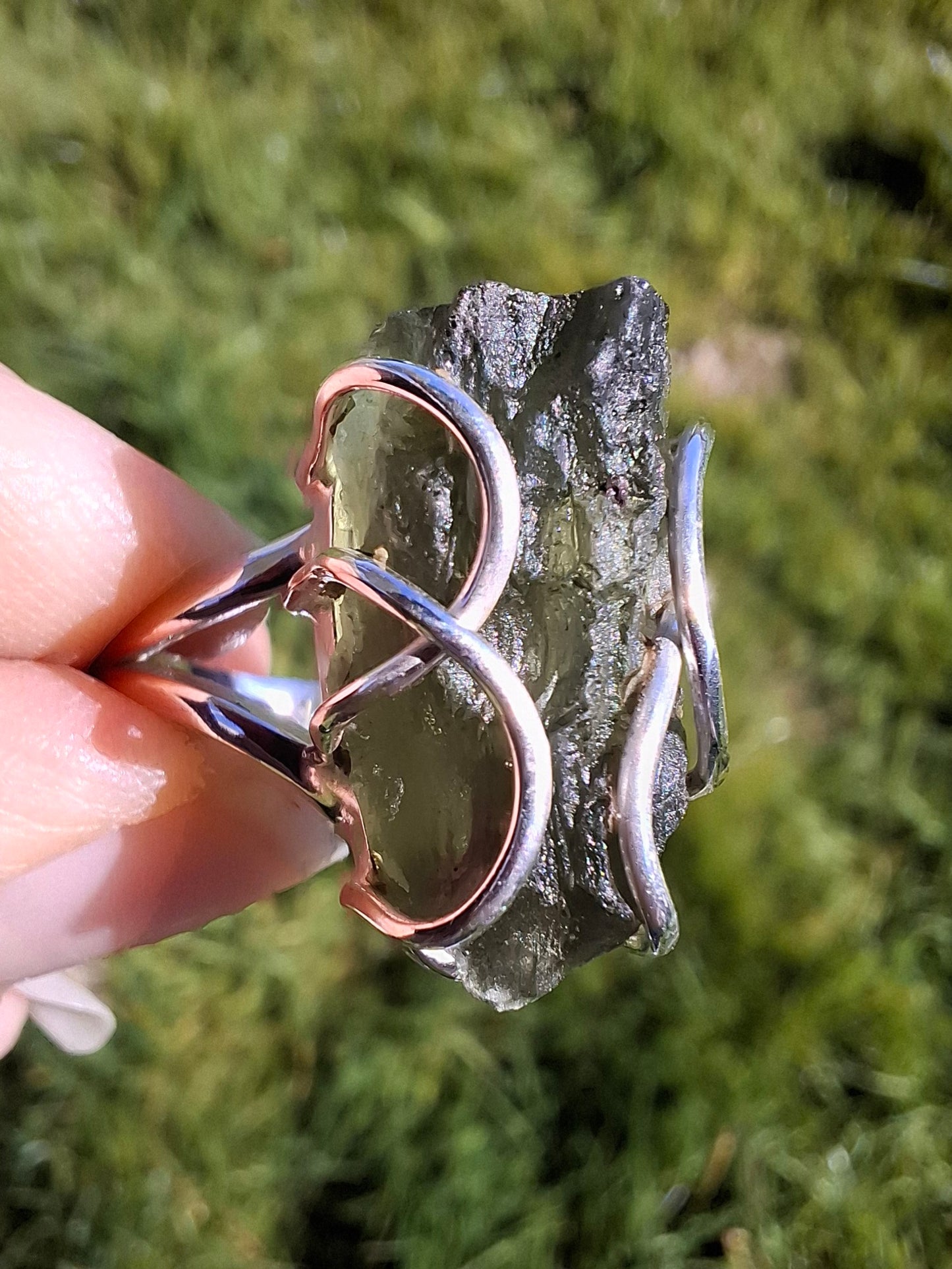 Moldavite Ring, size O, 925 Silver, Tektite (Ref: R8)
